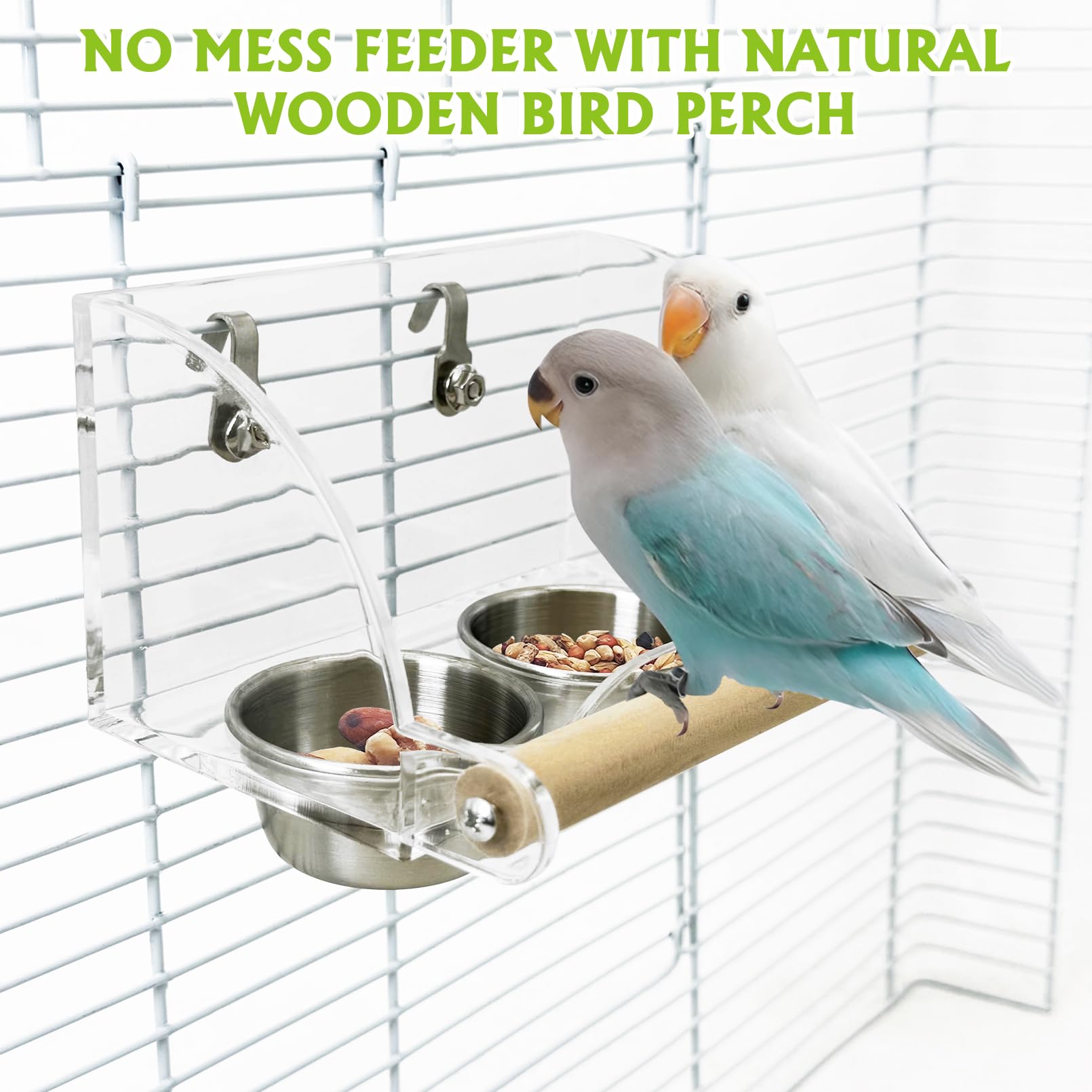 BNOSDM Bird Feeder for Cage with Double Stainless Steel Food & Water Bowls Anti-Slip Wood Perch Stand with No Mess Acrylic Seed Catcher for Parrot, Budgie, Parakeet, Lovebird, Canary, Finch (Hook) - image 4