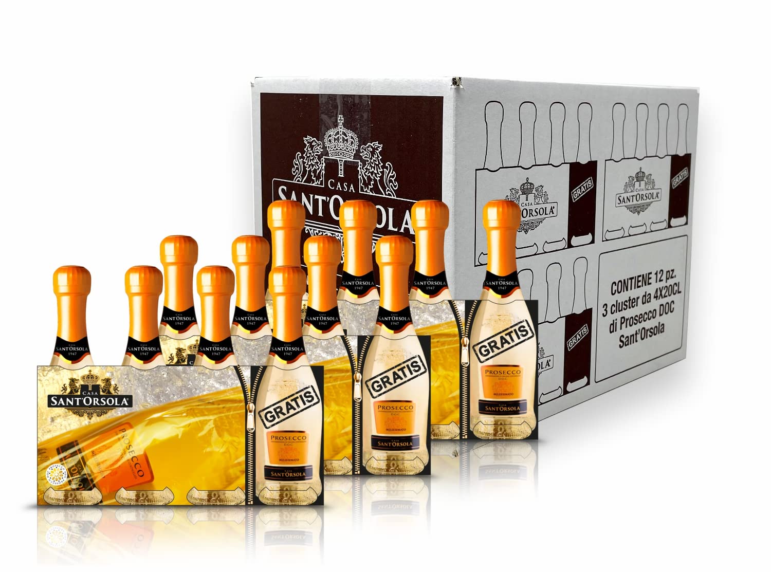 Sant'Orsola Prosecco D.O.C. Millesimato Extradry Pequeño Vino Espumoso Italiano - 9 Botellas X 200ml + 3 regalo