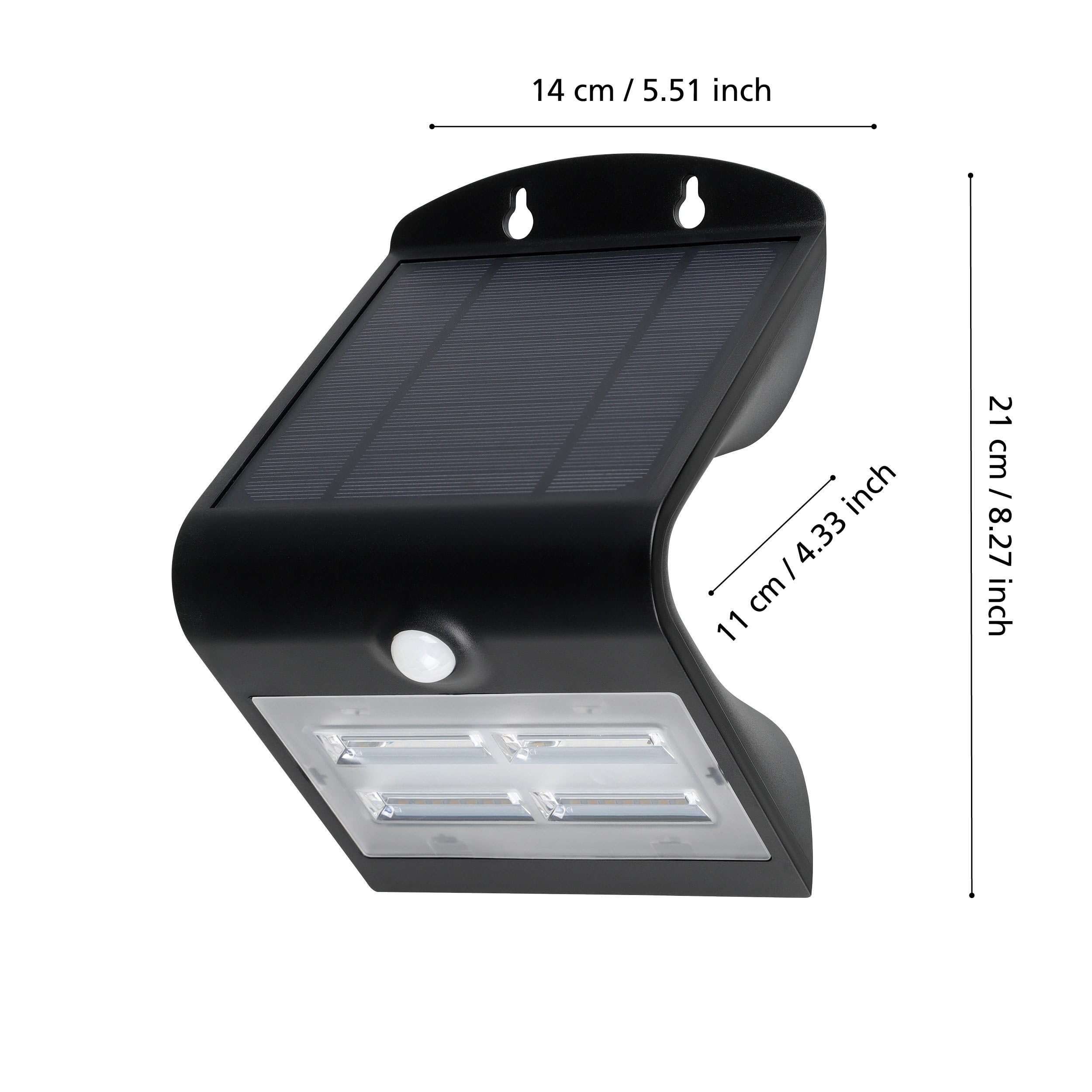 EGLO Lampada a muro LED per esterni Lamozzo, lampada solare per esterni | con rilevatore di movimento, con sensore giorno e notte, plastica nera, illuminazione per esterni bianco neutro, IP54