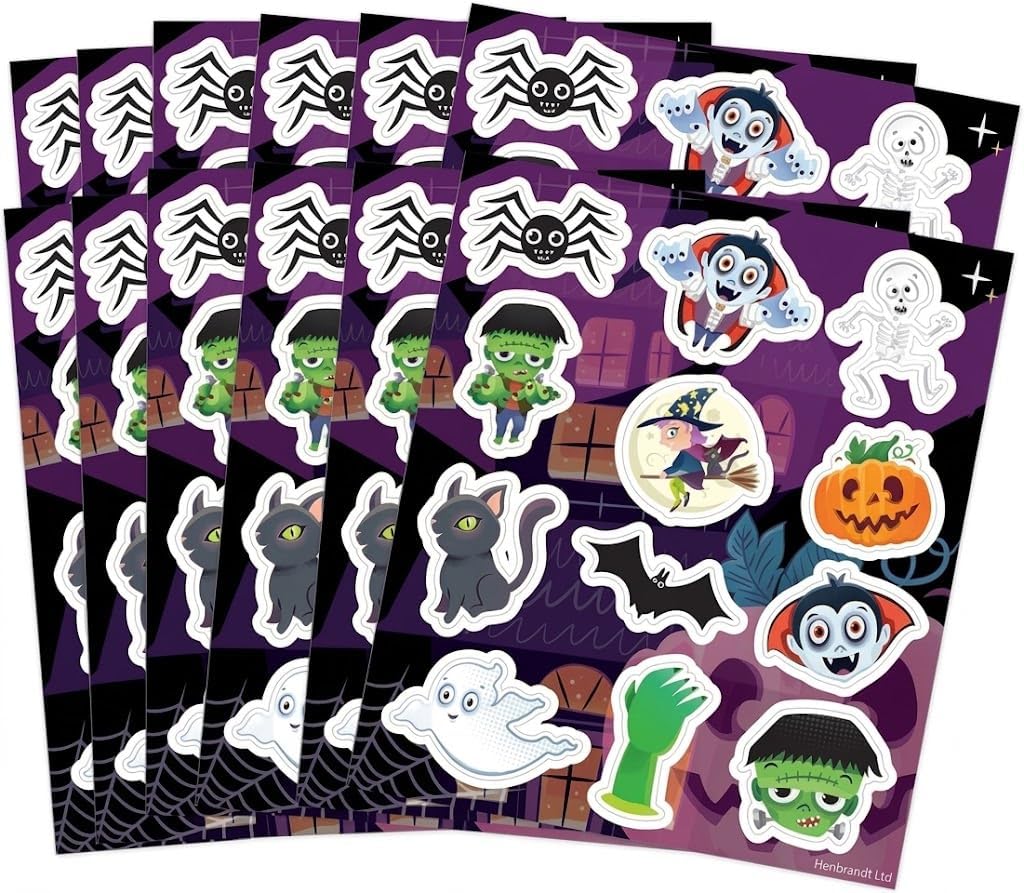 Henbrandt 12x Halloween Stickers Sheets Mini Halloween Stickers for Children Trick or Treat Party Bag Fillers Reward Stickers Arts and Crafts for Kids Loot Bag Lucky Dip Favours for Girls and Boys