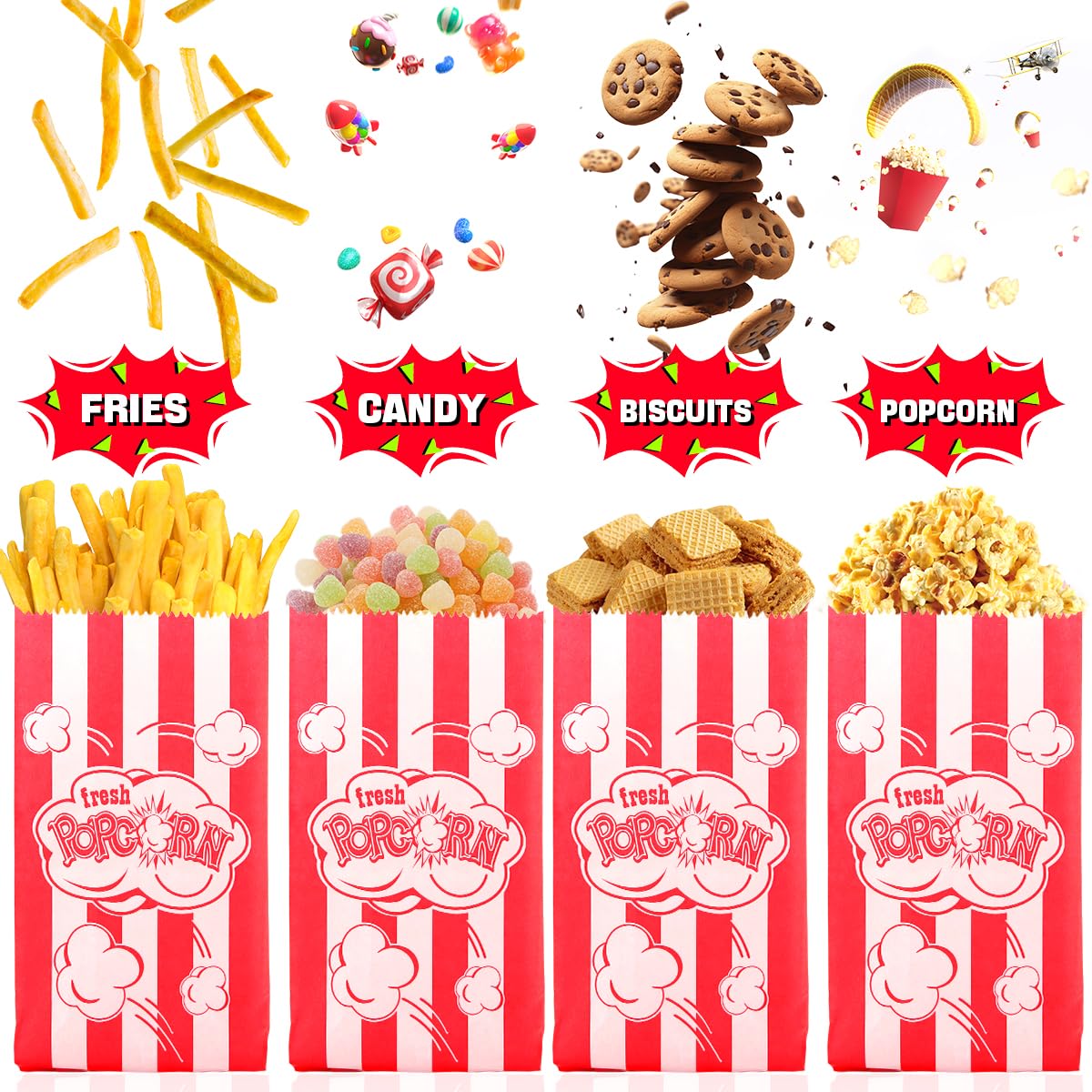 VOISEN Lot de 200 sacs à popcorn de 28,3 g - Sacs de qualité concession - Pour cuisine, machine à popcorn, fête, cinéma, carnaval