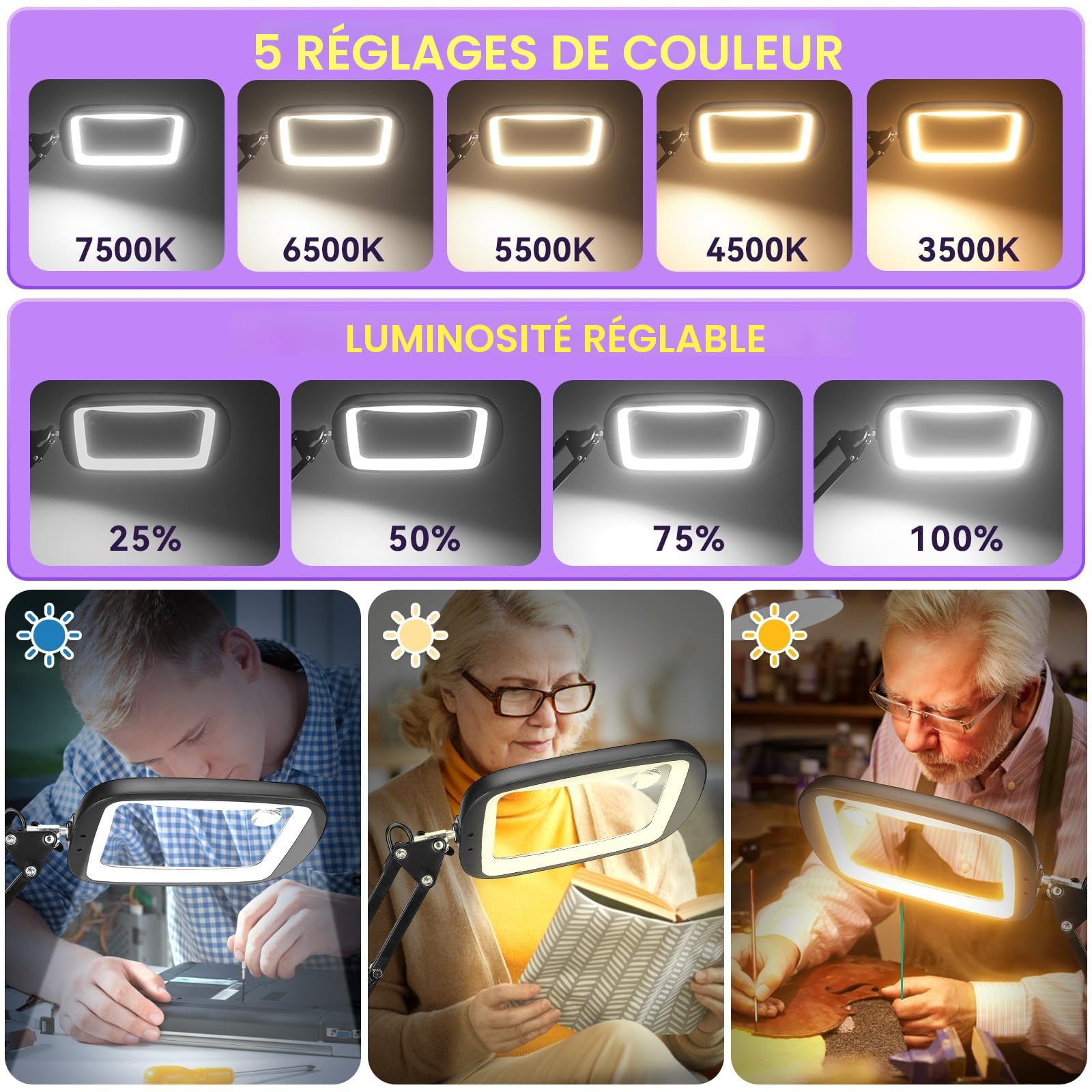 Loupe avec Lumière 60 LED 5 Modes de Couleur Mains Libres pour Lecture, Artisanat