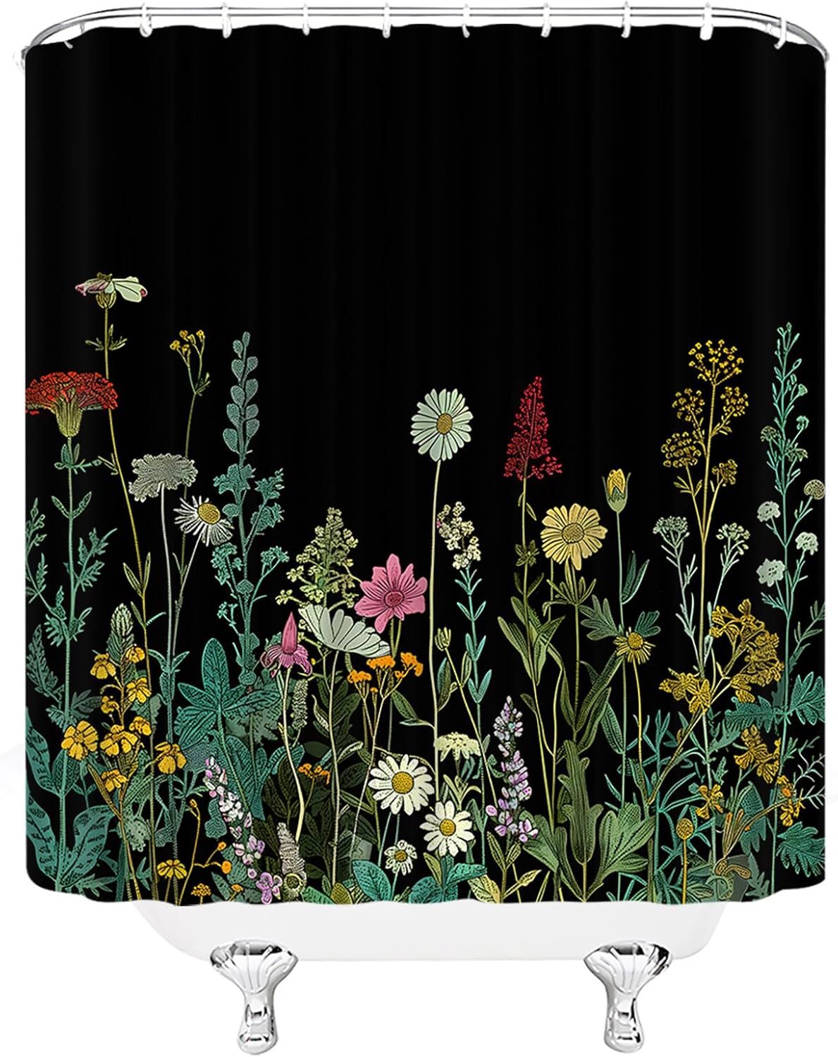 Floral Herbs Shower Curtain Black Flower Vintage Botanical Green Leaves Retro Blossom Rustic Garden Nature Plant Fabric Decorative Bathroom Curtains with Hooks,Black