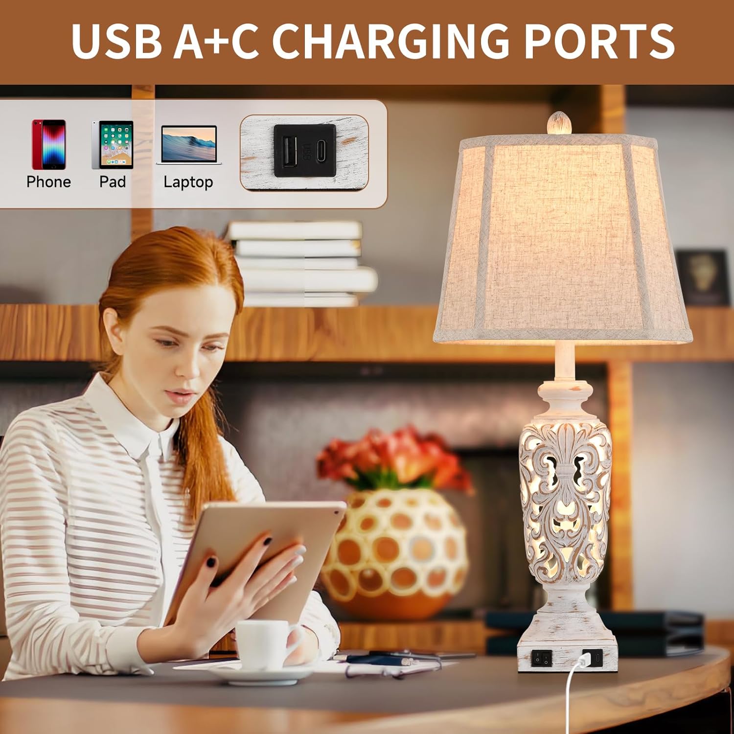 Living Room Lamps Set Bedside Lamp Farmhouse Rustic Lamp Bedroom for Nightstand Lights Set of 2 with USB A+C Ports Palace Lampshade (White Wash,28-in High)