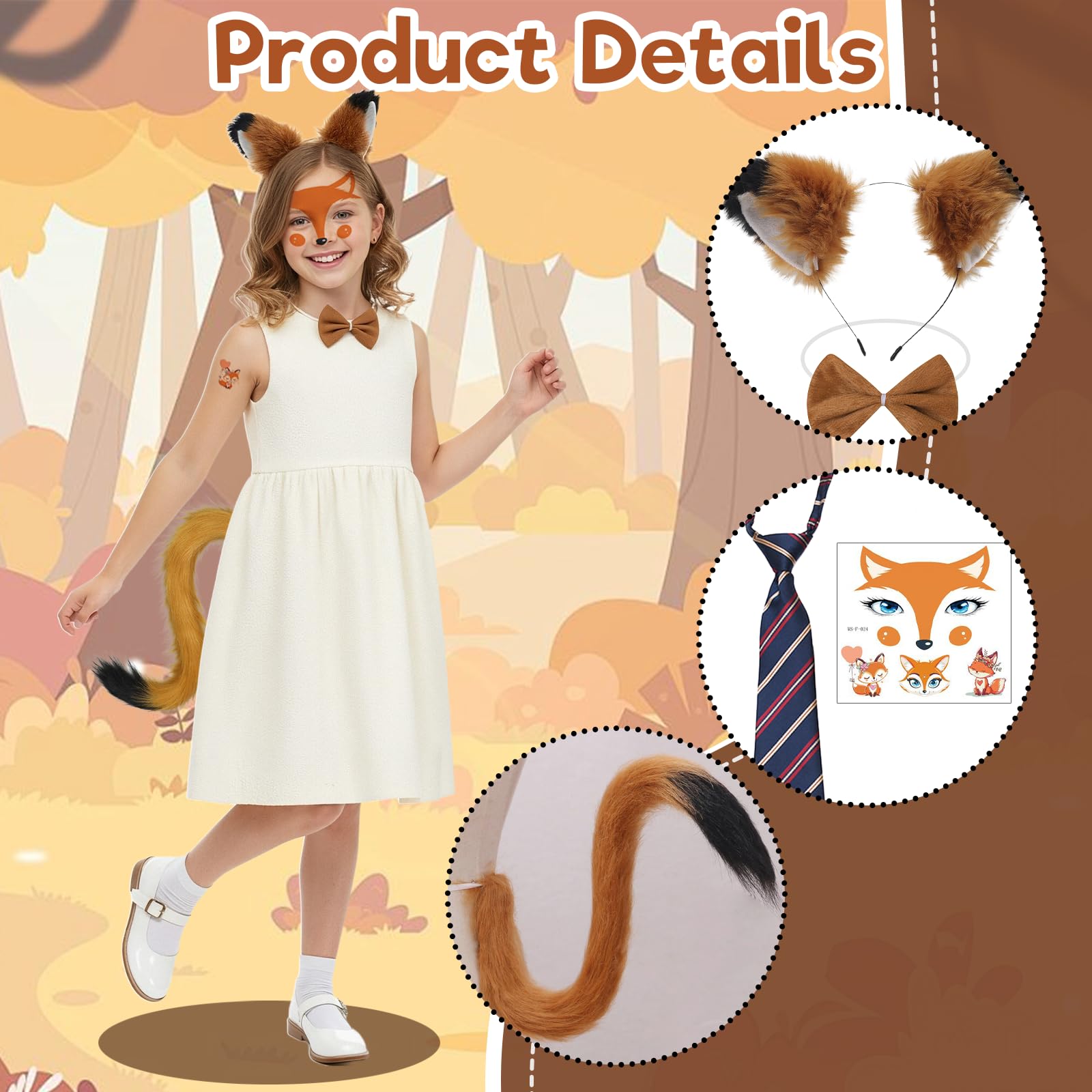 YAEGIMHT Fox Costumes for Kids Adult Fox Ears Headband Fox Tail Striped Tie Sunglasses Face Stickers - Image 3