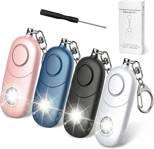 Alarma personal para mujeres, llavero de alarma: Qoosea 4 unidades de llavero de emergencia de 135 dB sirena con luz estroboscópica para mujeres,