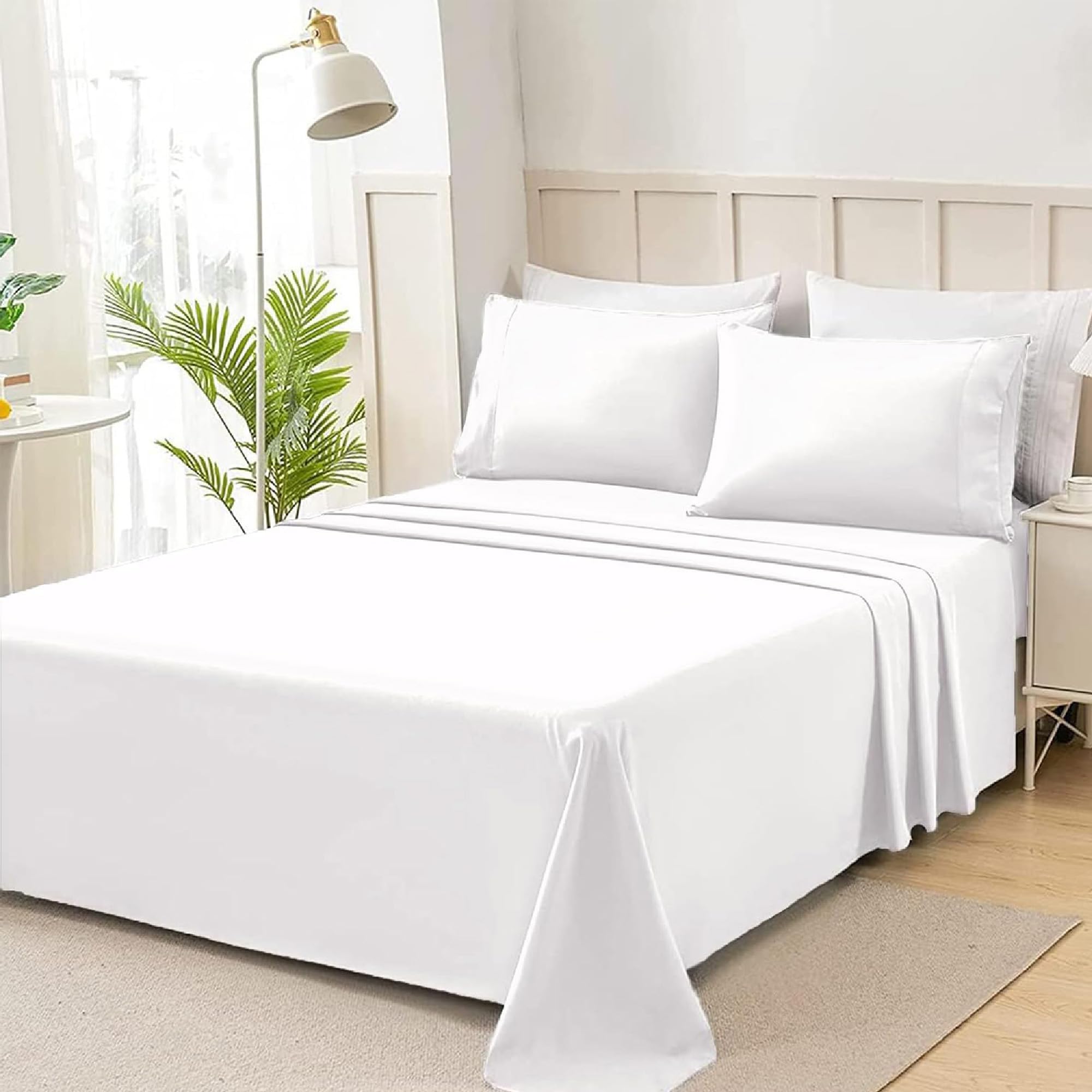 Juego de Sábanas de 4 Piezas,Poliéster Microfibra Cepillado y Prelavado,Sábana Bajera Ajustable,Sábana encimera,Dos Funda para Almohada de 50x75cm,Suave y Retención de Calor Blanco Cama 135 x 200