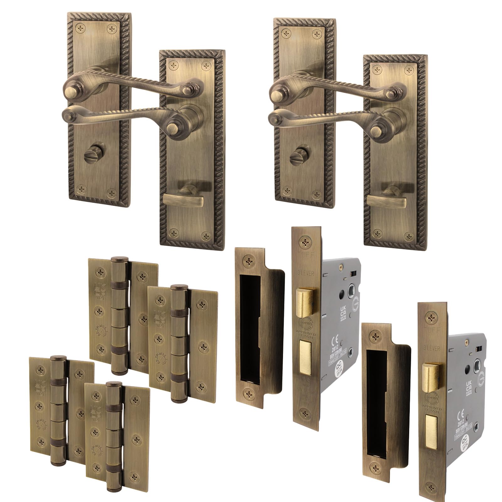 EAI Antique Brass Georgian Scroll Bathroom Door Handle Set - 2 Pairs Internal Lever Handles, Hinges & Locks 64mm - Rope Design