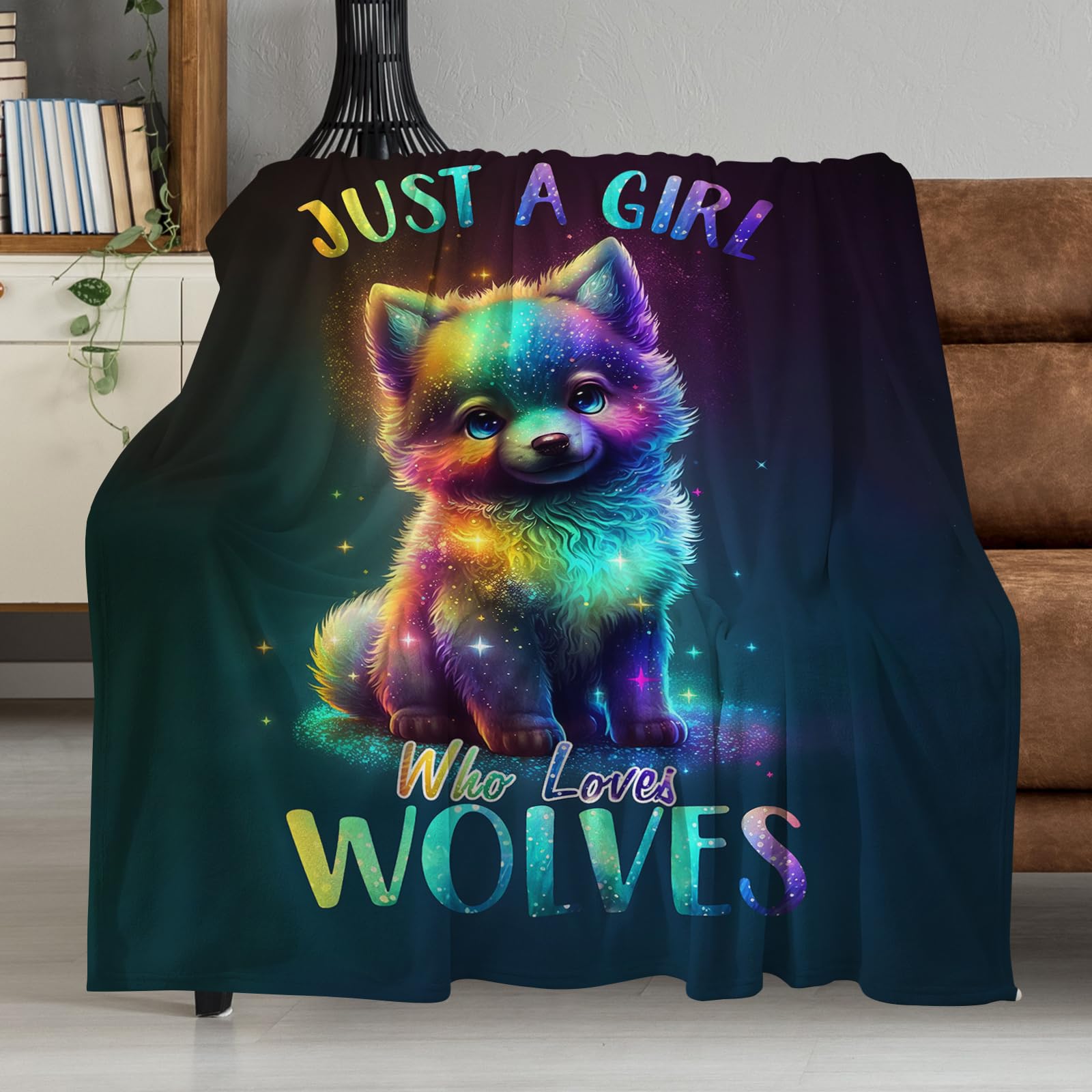 Just A Girl Who Loves Wölf-Decke, niedliche Wolfsdecke, Wolfsgeschenke für Mädchen, Kawaii-Baby-Wolf, Regenbogenfarben, Überwurfdecke, Wölf-Geschenk für Wölf-Liebhaber, Wolf, 203 x 152 cm