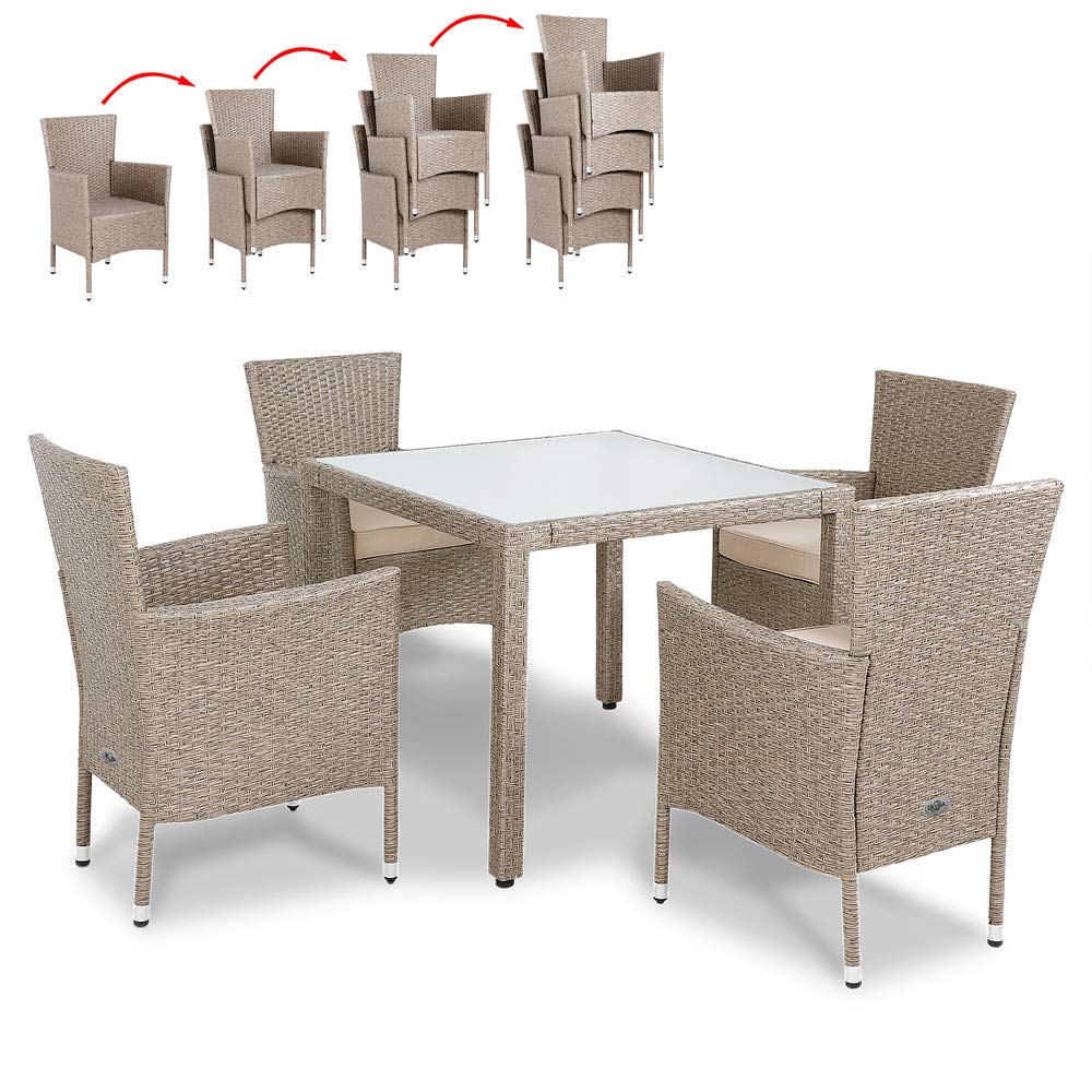 CASARIA® Juego de Muebles de Jardín 9 Pzs. Patio Terraza Mesa 90x90cm Sillas Capacidad 160Kg Apilables Poliratán Crema