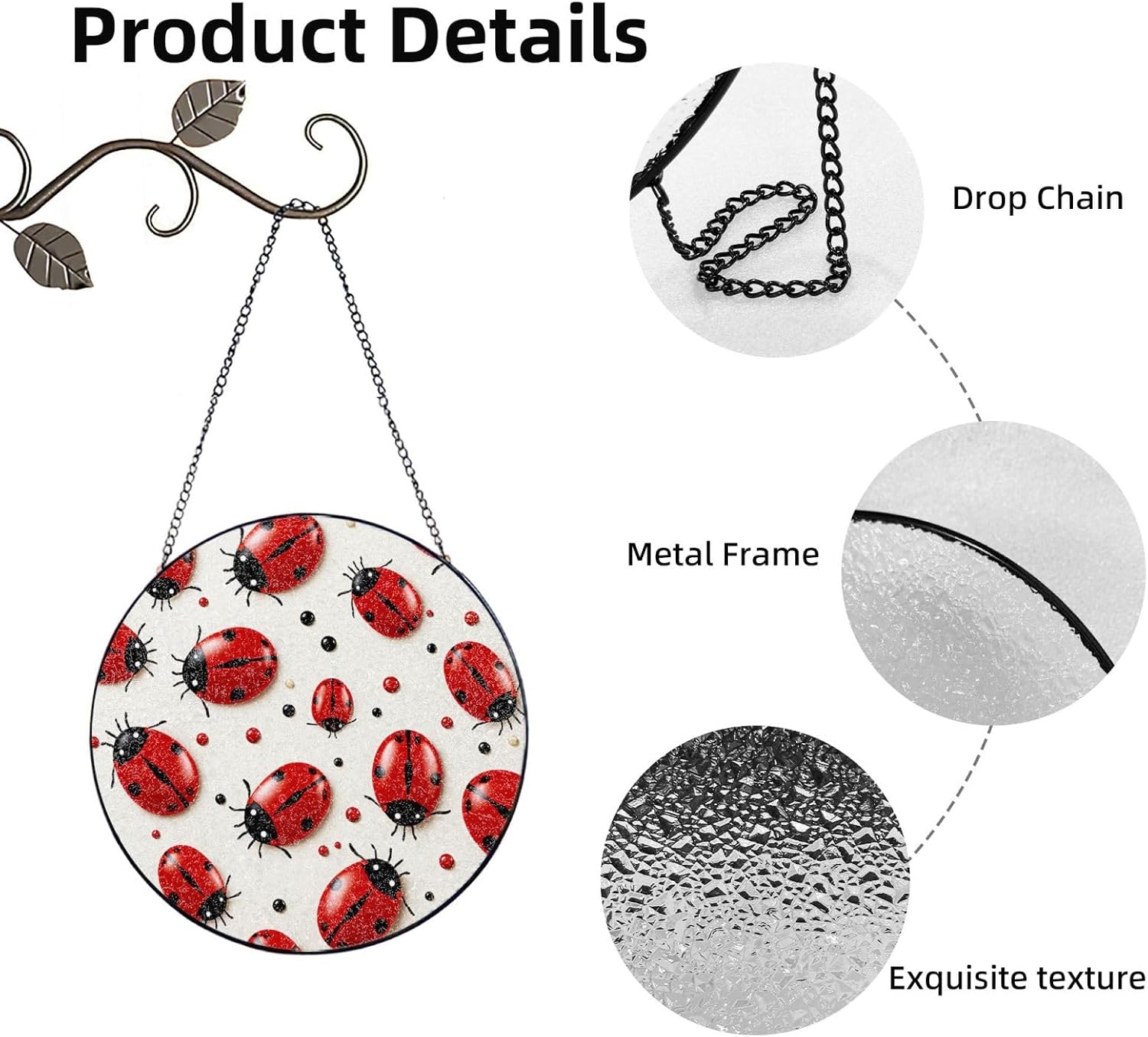 Stained Glass Window Hanging 6in（15cm）, Red Ladybug Glass Suncatcher for Home Decor, Indoor Wall Art Glass Panel with Metal Chain and Hooks, Sun Catcher Ornament Birthday Gifts