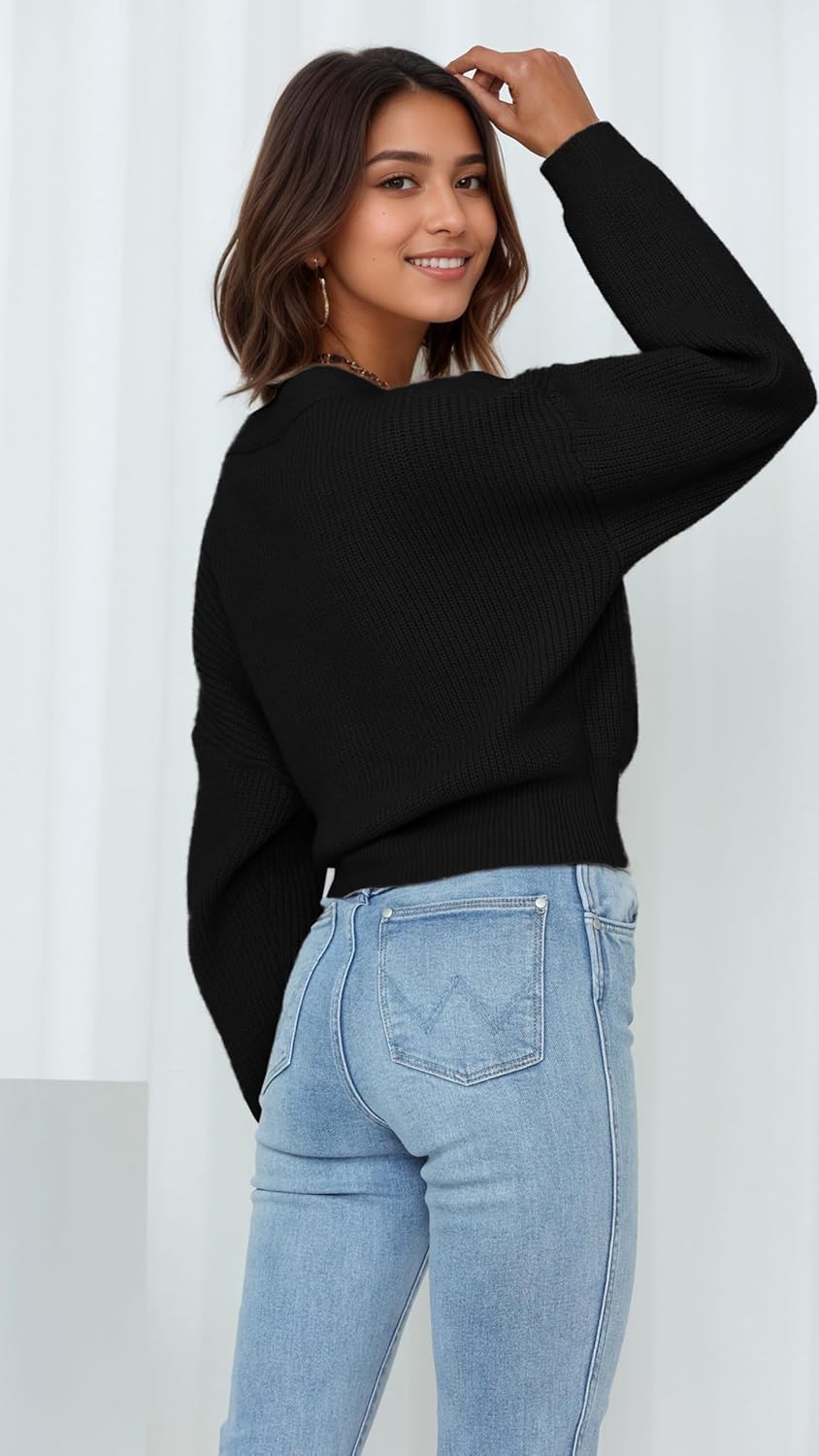 Women’s Cropped Sweater V-Neck Wrap Sweater Long Sleeve Ribbed Knit Pullover with Side Tie Valentines Day Outfit - Image 2