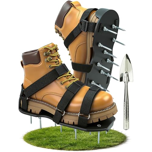 Lawn Aerator Shoes for Grass, Pre-Assembled Heavy Duty Aerator Lawn Tool with Hook and Loop Straps, One Size Fits All Spiked Shoes for Effectively Aerating Yard Garden Lawn Patio Soil, No Installation