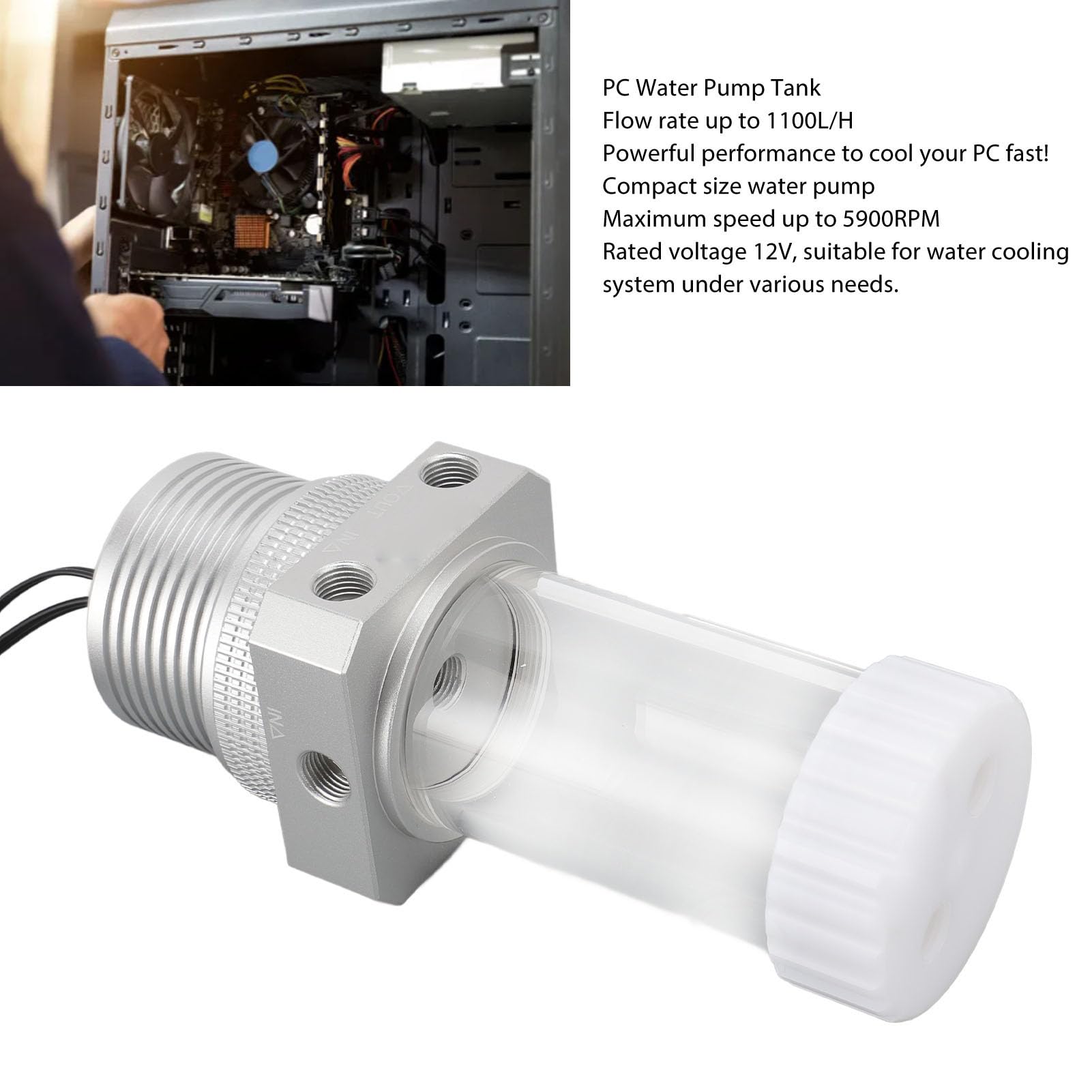 Jiawu Tanque de Bomba de Enfriamiento de Agua con Polvo de Polvo 30 Filtro de Malla 1100L/H 5900 U/min G1/4 Tanque de Bomba de Aluminio para Enfriamiento de Agua de PC Estable (SILVER)