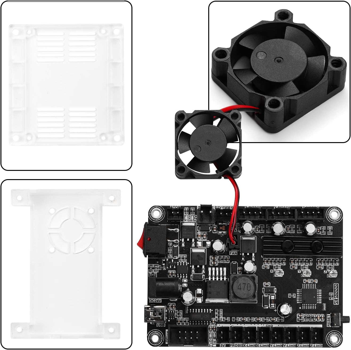 eksploderede view of the SainSmart Genmitsu CNC Controller Board case and fan