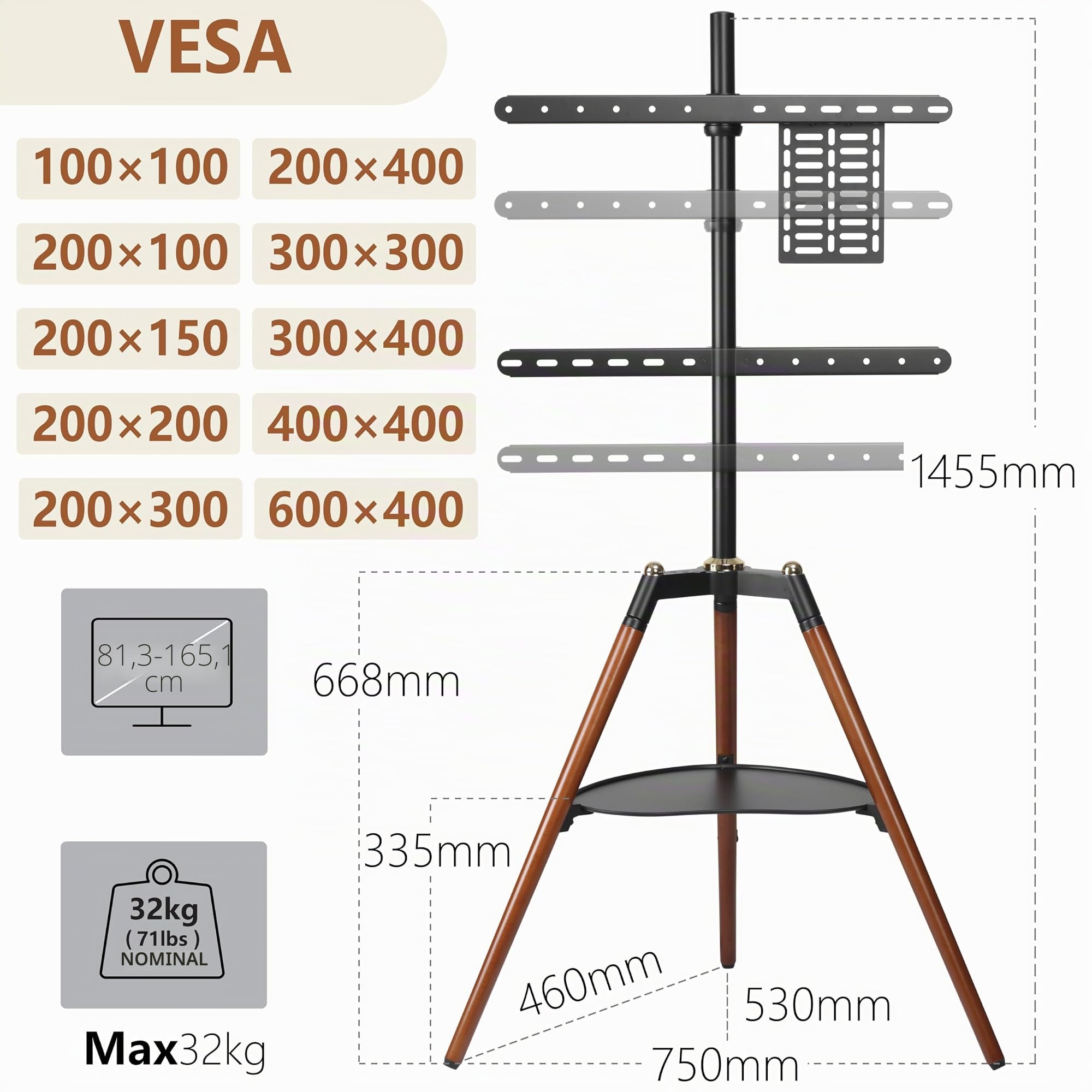 ETHU Support TV Trépied Bois 32-65" jusqu'à 40kg, Pied TV Design Scandinave Pivotant ±70° Hauteur Réglable, Support TV Chevalet Bois Marron avec Étagère Cœur, sans Percer