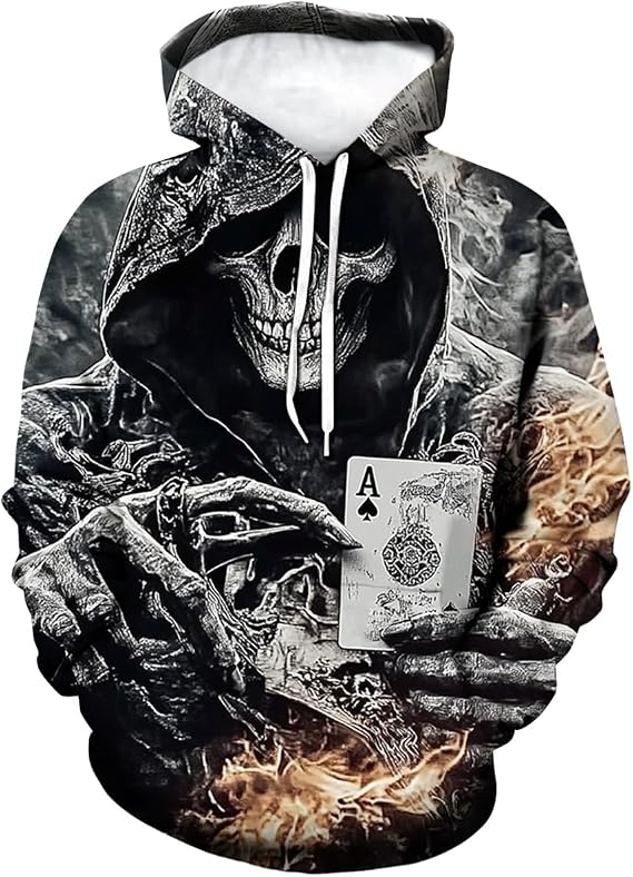 Mens Casual Skull Hoodies Sweatshirt Vintage Graphic Pullover Long Sleeve with Pocket