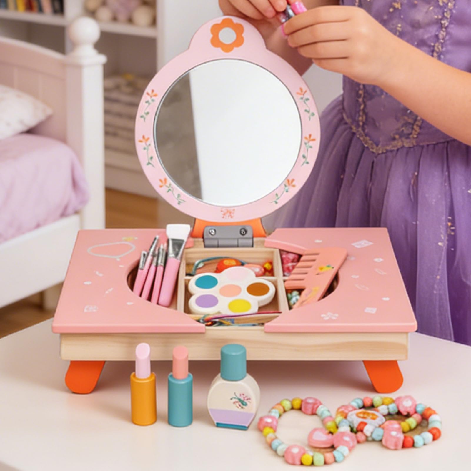 Trucco Bambini Giocattolo Tavolo da Toeletta in Legno con Specchio | Trucco per Bambini di Finzione con Pettine e per Giochi di Travestimento Compleanno Salon Bellezza