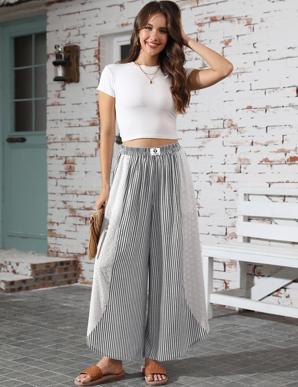 TARSE Womens Wide Leg Striped Boho Palazzo Pants with Lace Panel Summer Loose Elastic Waist Beach Vacation Lounge Pants - Image 3