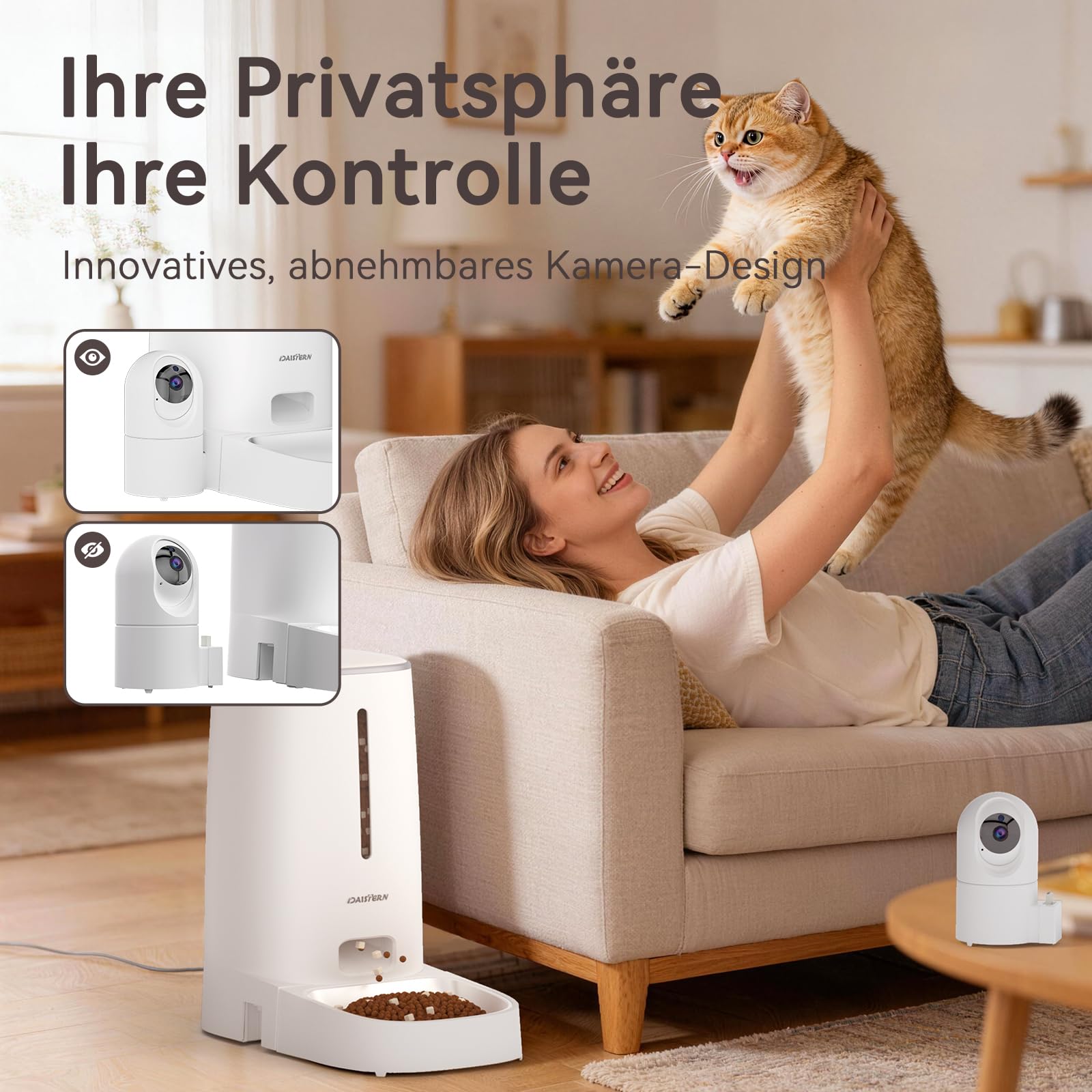 Futterautomat Katze Hunde mit Kamera 4L, Katzenfutter Automat mit 1080P HD-Video mit Nachtsicht & Zwei-Wege-Audio, Abnehmbare Kamera, 2,4G/5G WiFi App-Steuerung, KI Funktion