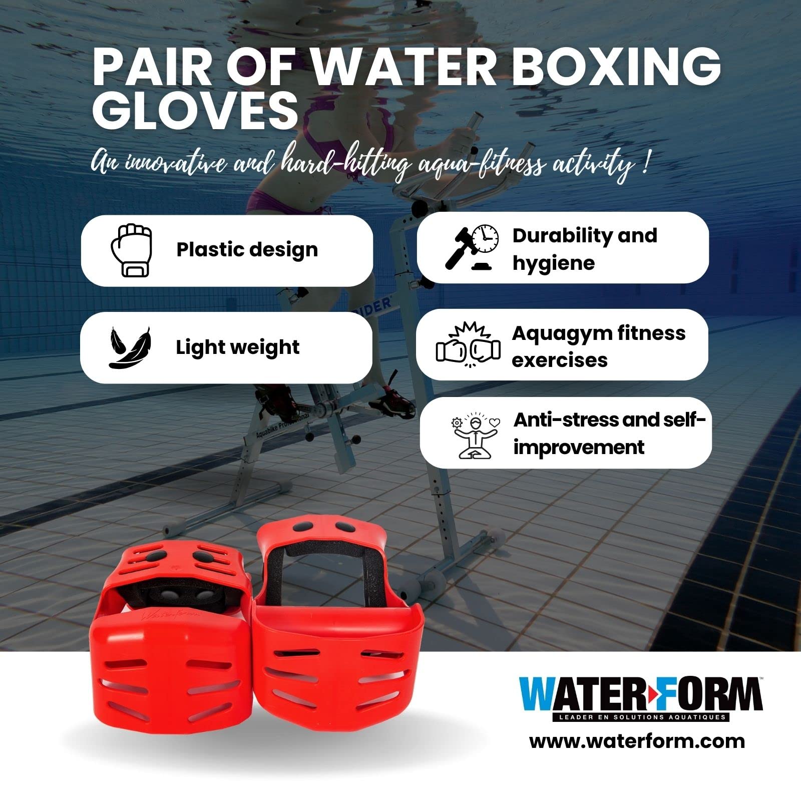 WATER FORM Gants Aquatiques Boxe Kickbox Aquagym dans l'eau Professionnel et Particulier Conception Plastique Legereté et Durabilité Exercices de Fitness