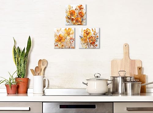 Miniatura 3 de Arte de pared naranja para decoración de pared con flores de otoño para baño, impresiones abstractas de flores silvestres, pinturas florales de
