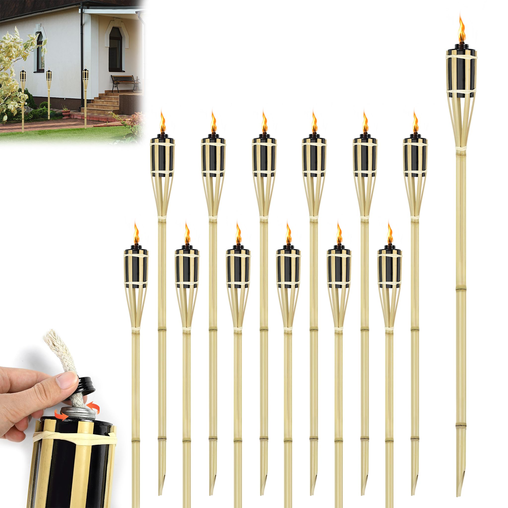 YRHome Pochodnie ogrodowe, bambusowe pochodnie do użytku na zewnątrz, 36 sztuk, pochodnie bambusowe, pochodnie olejowe, lampa drogowa z zapasowym knotem, 90 cm, do aktywności na świeżym powietrzu,
