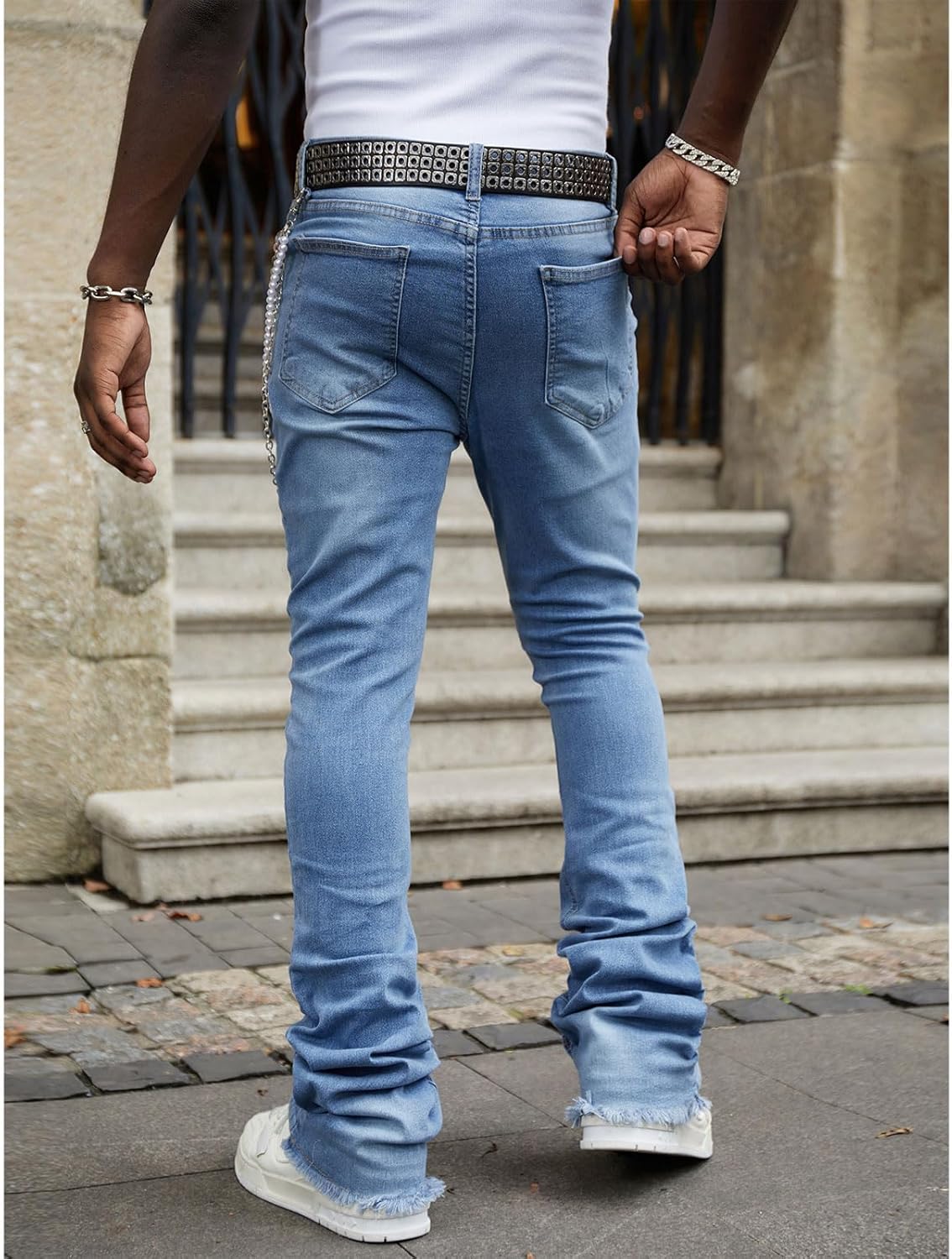 Men's Stretch Slim Fit Stacked Jeans Raw Hem Flare Bootcut Denim Pants Straight Leg Skinny Jeans Hip Hop Streetwear - Image 3