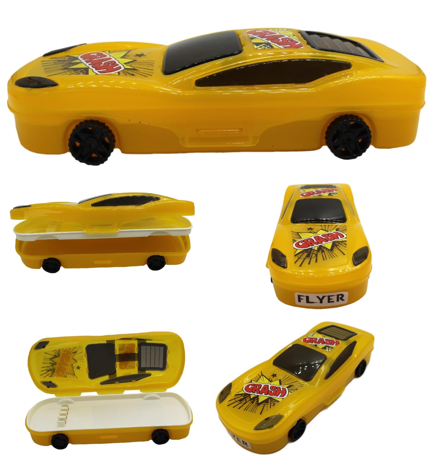 NeoKiddo Toys Neoinsta Medium Size Plastic Racing car|high Speed Sports car Shape School|Geometry|Stationery|Pencil Box with Freely Movable Four Wheels (Yellow: Pack of 2)
