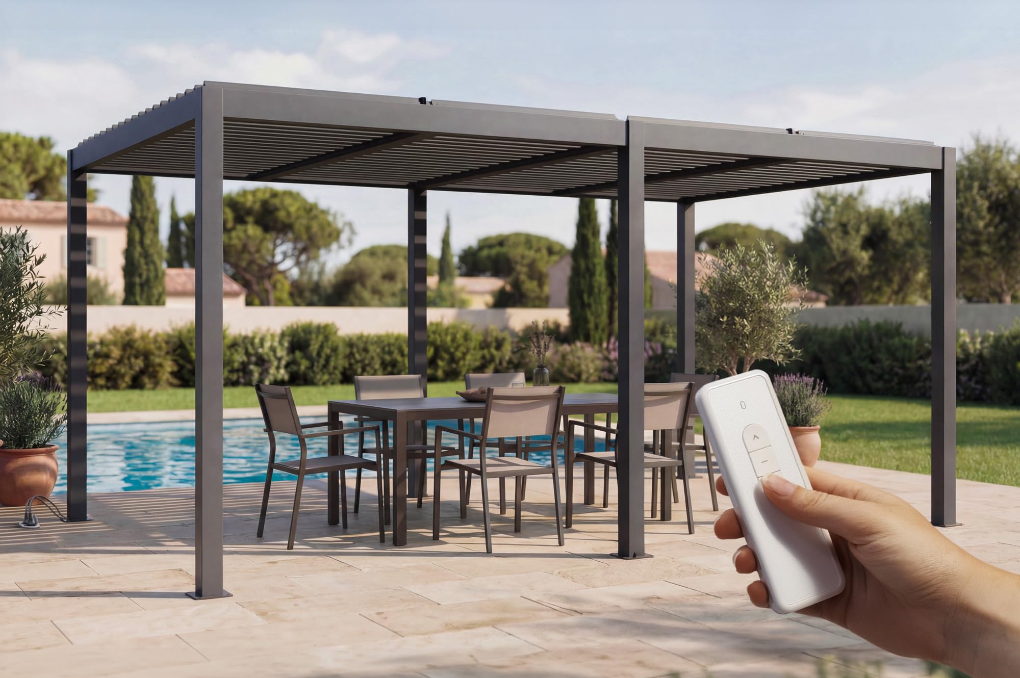 Cazeboo AGOSTA Pergola bioclimatica autoportante motorizzata 5x3m in alluminio grigio con tende a rullo retrattili sul lato da 3 m