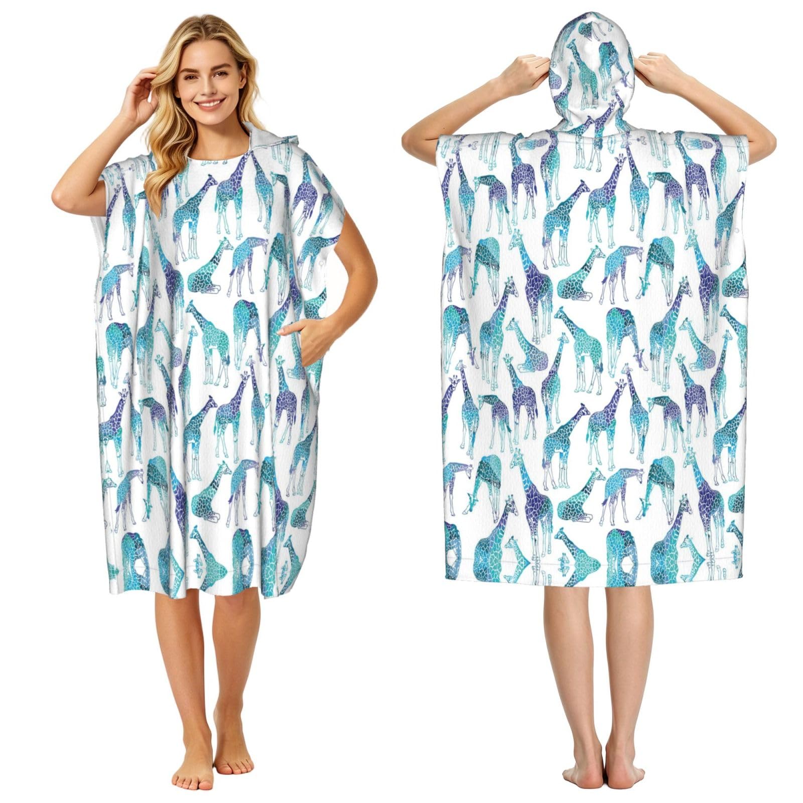 EZDLOWVBA Giraffe Pattern Print Hooded Poncho Microfiber Beach Towel,Adult Women & Men Changing Robe,Lightweight Summer Surf Swim Bath Poncho Towel