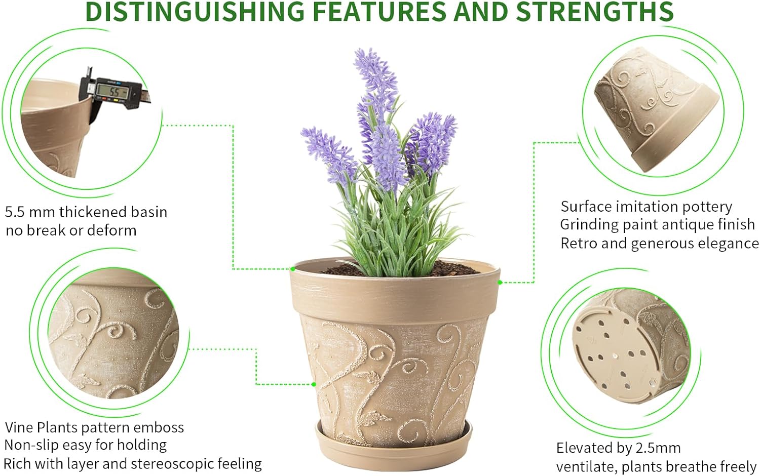 Melphoe Plant Pots Indoor with Drainage & Saucer, 2Pack 10 inch Flower Pots Outdoor Planters for Indoor Plants Garden Home Decor Cactus Succulent, Rigid Plastic (Imitation-Terracotta) Vine-Embossed