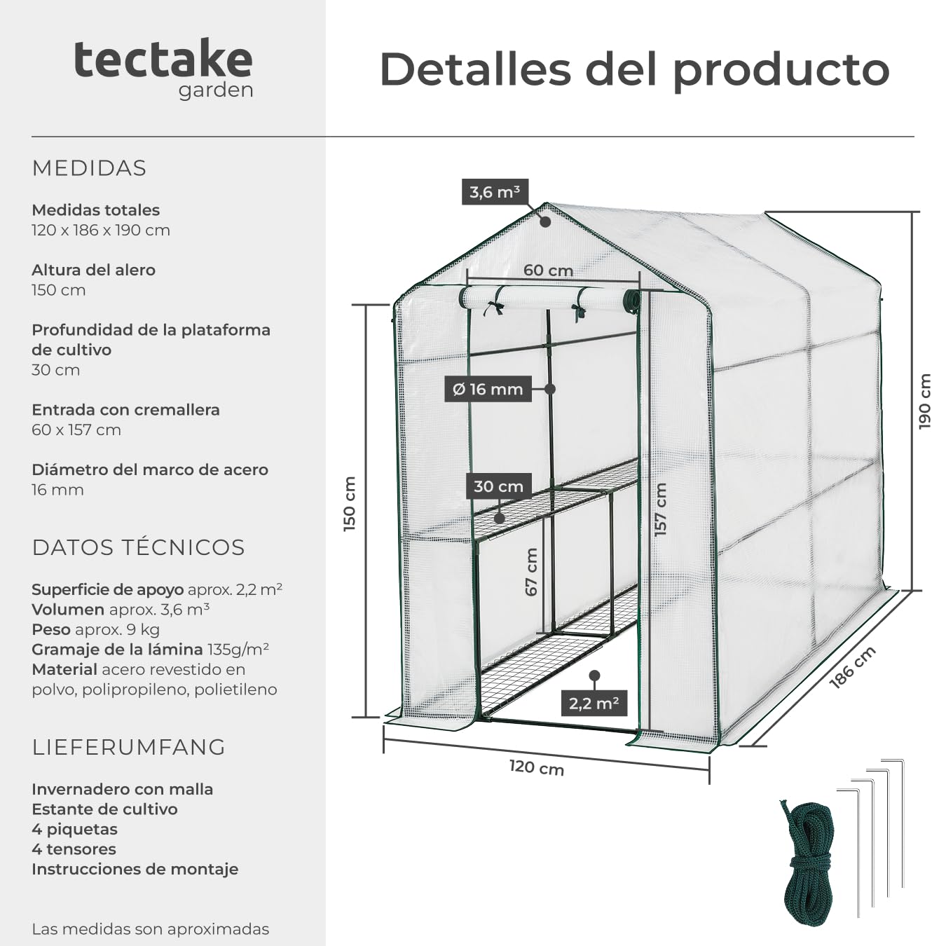 tectake® Invernadero Exterior con 4 Baldas Metálicas de Rejilla, Cubierta de PE contra UVA, Invernadero Terraza 186x120x190cm, Caseta Jardin Exterior con Cuerdas Tensoras y Piquetas, Fácil Montaje