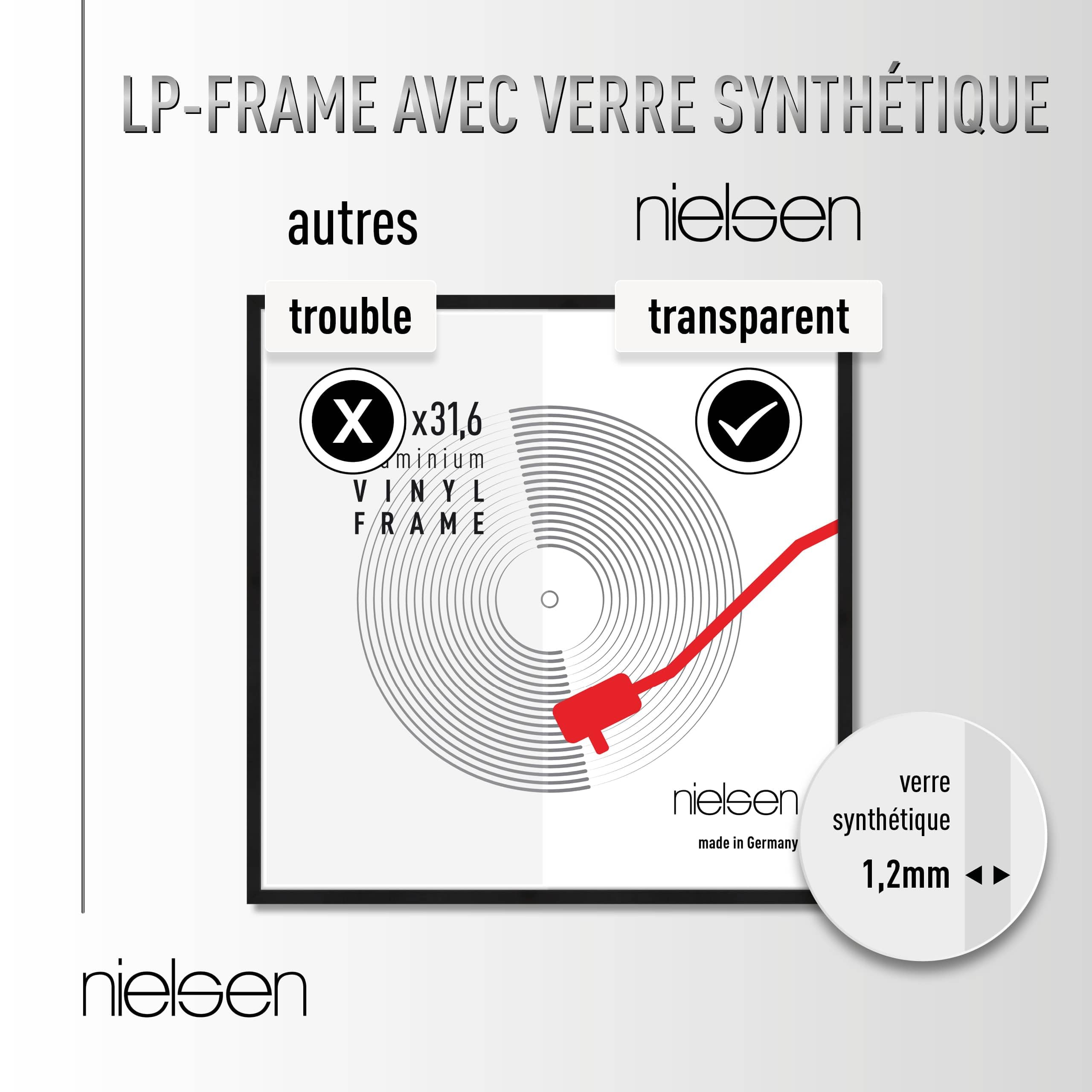nielsen cadre disque, 31,4 x 31,6 cm, aluminium, Noir mat, cadre vinylepour accrocherau format paysage et portrait, verre synthétique, Vinyl Alu