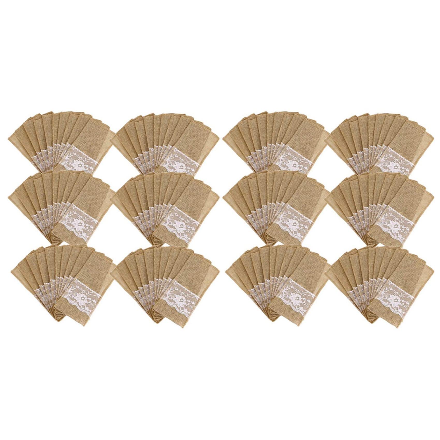 Hndhbfgrt 150Pcs Burlap Lace Cutlery Pouch Rustic Wedding Tableware Knife Fork Holder Bag Hessian Jute Table Decoration