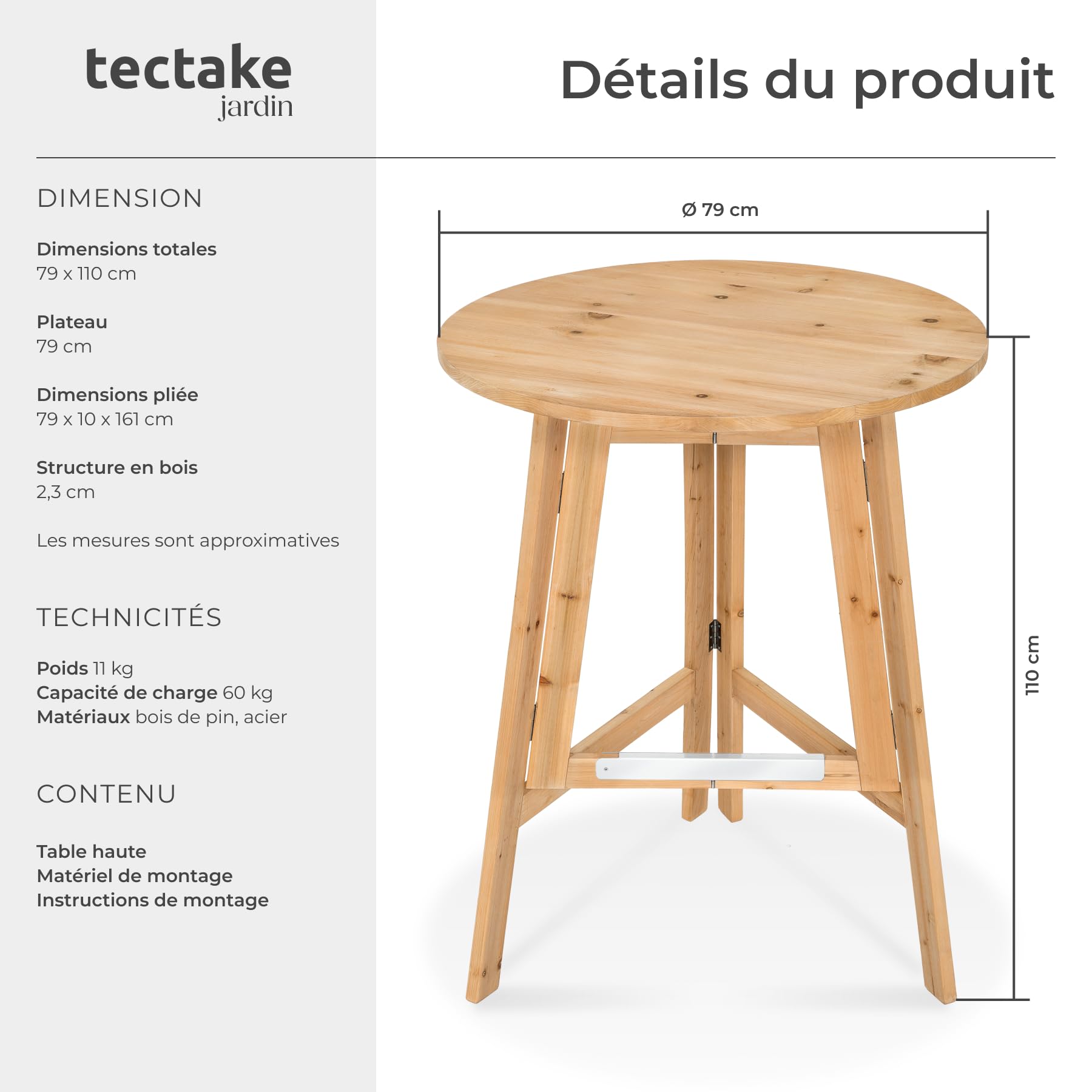 tectake® Mange Debout en Bois Table Haute Pliable Polyvalente Robuste et Stable Petite Table de Jardin Mariage Anniversaire Bapteme Barbecue Bar Exterieur Ø79 cm Hauteur 110 cm