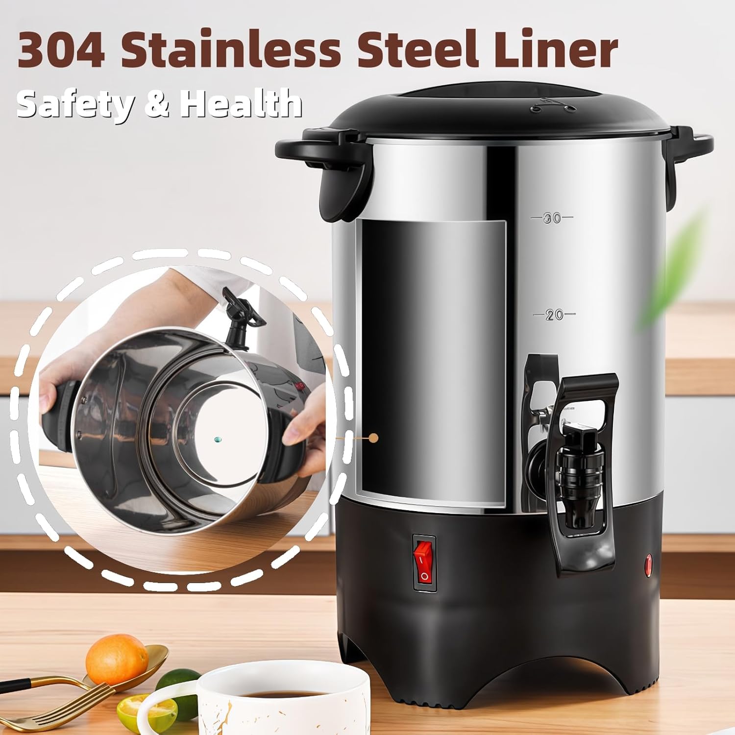 Coffee Pot Commercial Hot Water Dispenser 30-Cup Electric Coffee Maker Urn with Removable Filter, 175Oz Industrial Coffee Make Stainless Steel for Coffee, Tea, Beverage