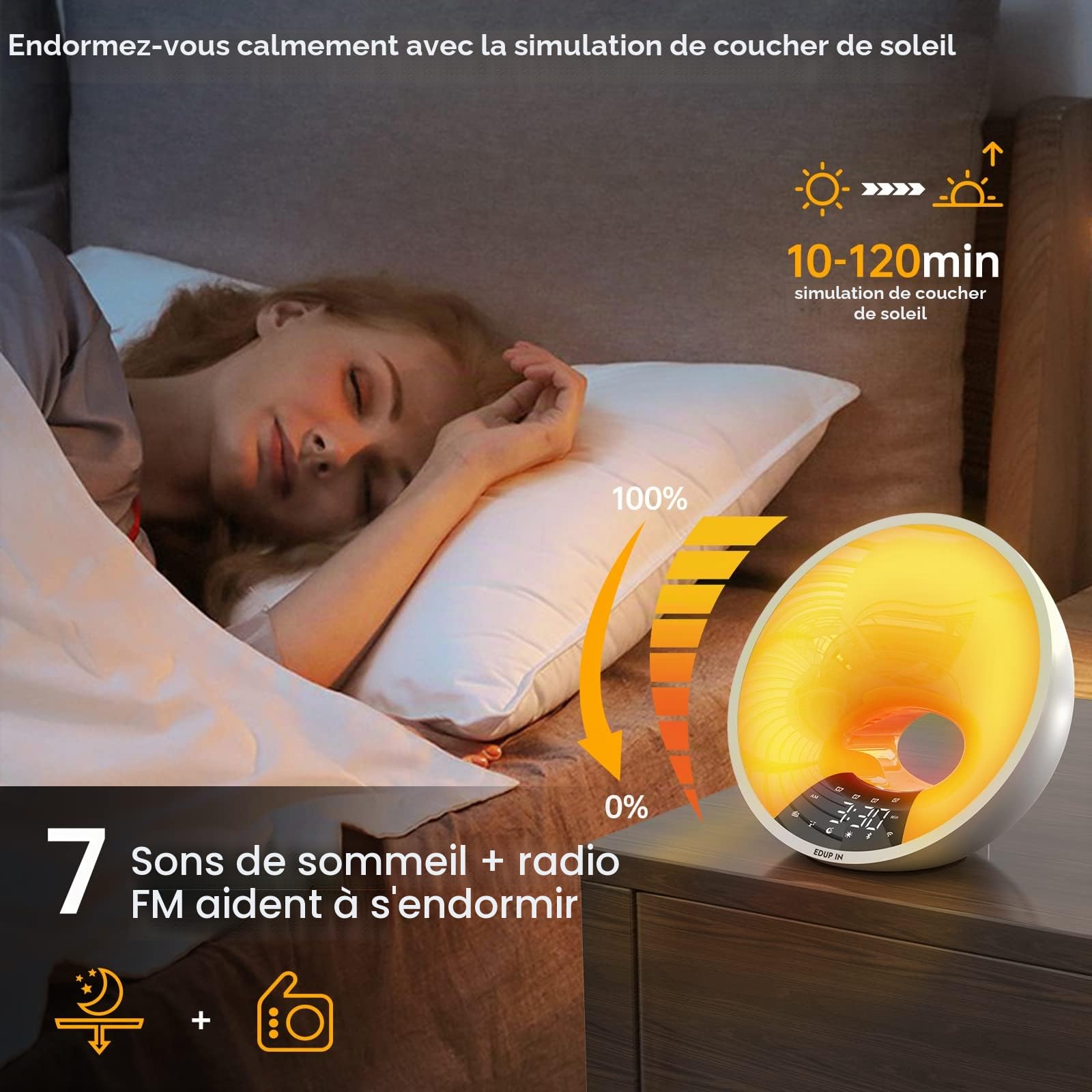 EDUP IN Lampe de Réveil, Réveil lumineux, Wake up light, Simulateur de l'Aube et Aide au Sommeil Contrôle APP Double Snooze Réveil 16 Millions de Couleurs Dimmable Enceinte Bluetooth FM Radio