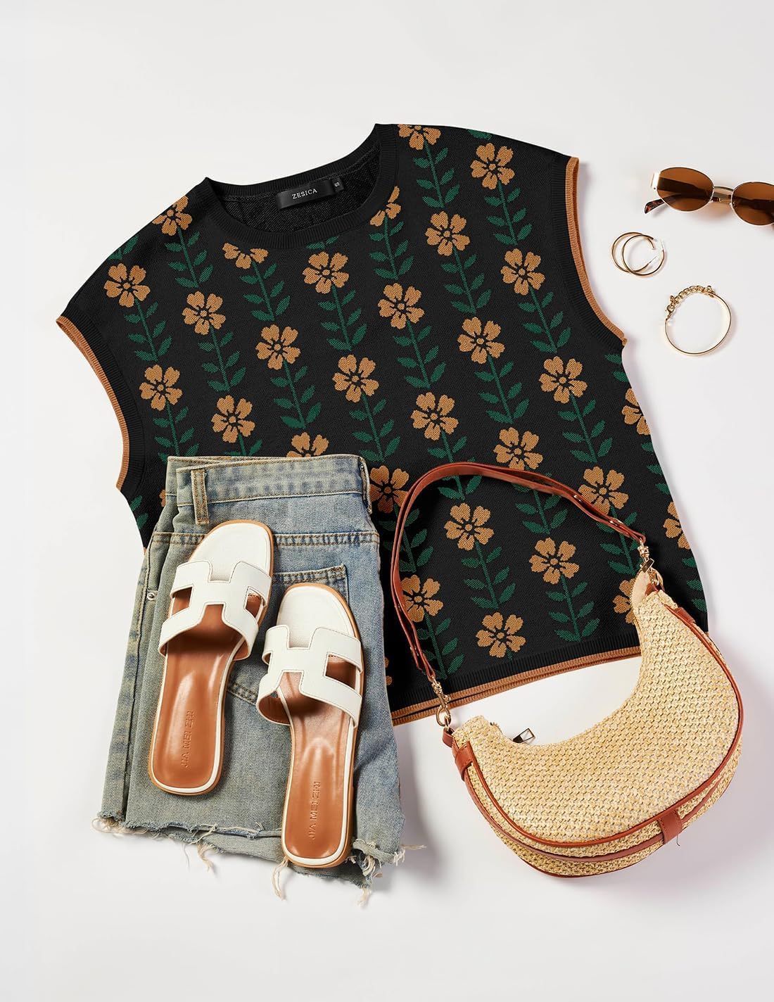 ZESICA Womens Floral Sweater Vest Summer Short Sleeve Crew Neck Cute Loose Knit Tops 2026 Trendy Clothes Outfits - Image 8