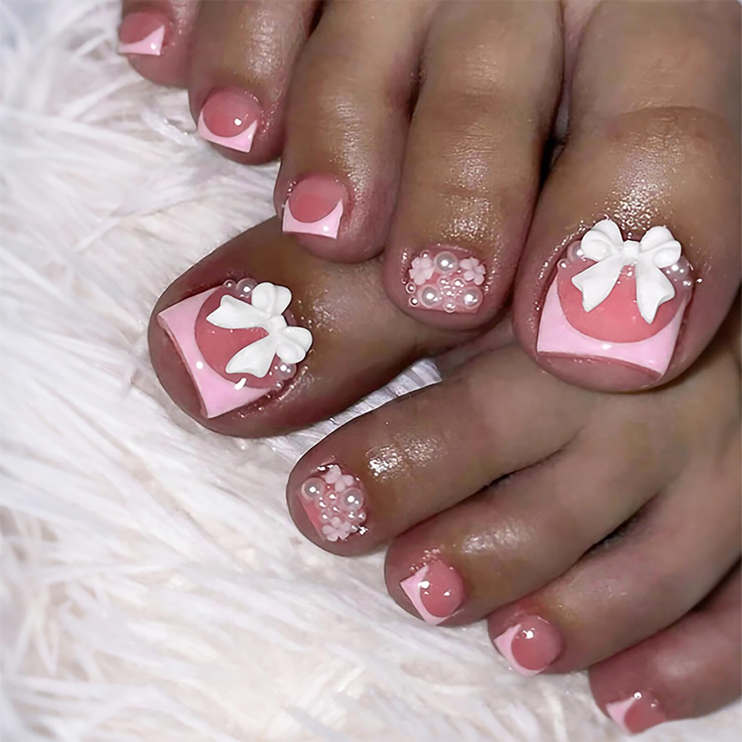 FIEONCIY Press on Toenails with Designs Acrylic Fake Nails for Toe Artificial False Nails with Charms Glue on Toe Nails for Spring Summer Stick on