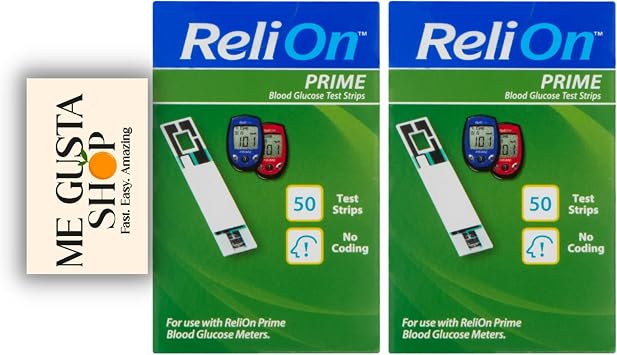شرائط اختبار نسبة الجلوكوز في الدم ReliOn Prime، عبوة مكونة من 50 قطعة من 02 100ct toltal + ملصقات Me Gustas