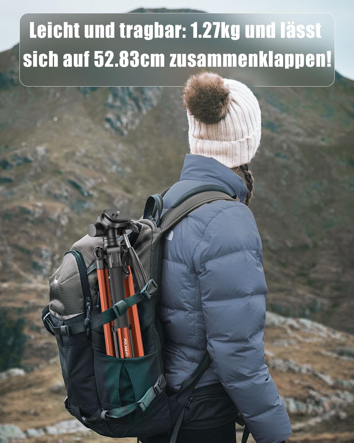 POLAM-FOTO Kamera stativ, 188 cm, Reisestativ mit Tragetasche, mit Handyhalterung, Aluminium, für Mirrorless Camera/DSLR/Handy/Camcorder, robuster Ständer,（Gewicht 1,27 kg, Tragkraft 3,99 kg） Orange