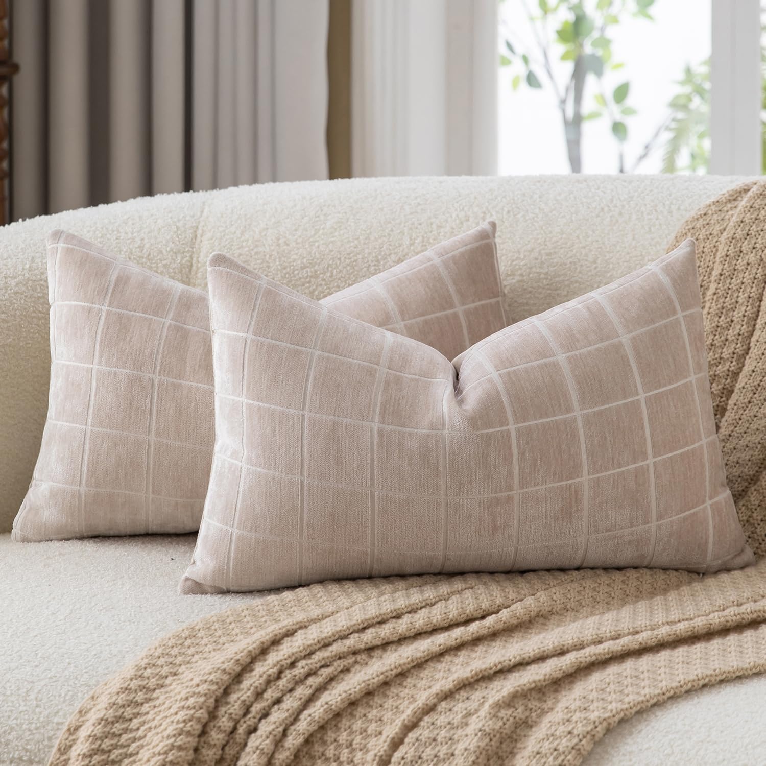 Mandioo Pack of 2 Chenille Check Cushion covers 30x50cm 12x20 Inch Vintage Plaid Decorative Pillow Covers Soft Velvet Backing Throw Pillow cases Farmhouse Sofa Couch Bed Living Room Beige โ image 1