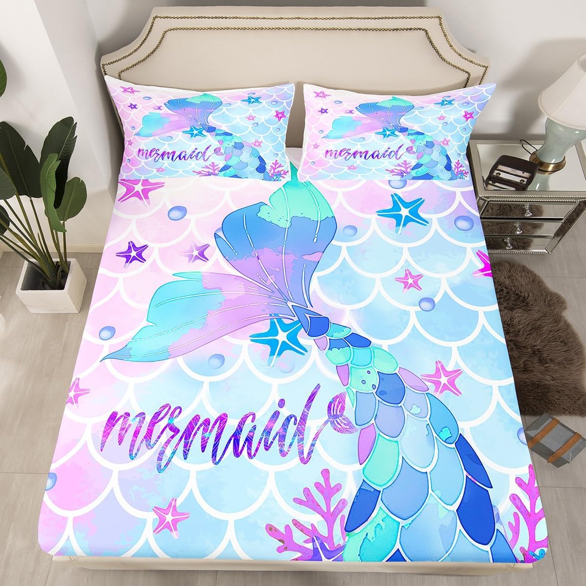 Kids Mermaid Fitted Sheet Ocean Marine Theme Bed Sheet Set for Children Teens Bedroom Decor Fish Scales Bedding Set Princess Decor Mermaid Scales Bedspread Cover Full Size with 2 Pillow Case