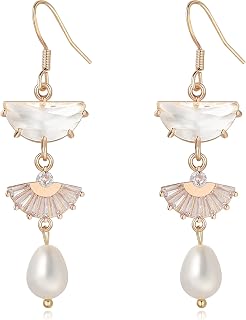 Art Deco Style Pearl Dangle Drop Earrings - Wedding Bridal 1920s Gold Boho Sparkly Rhinestone Crystal Vintage Chandelier Earrings for Women, Wedding Jewelry