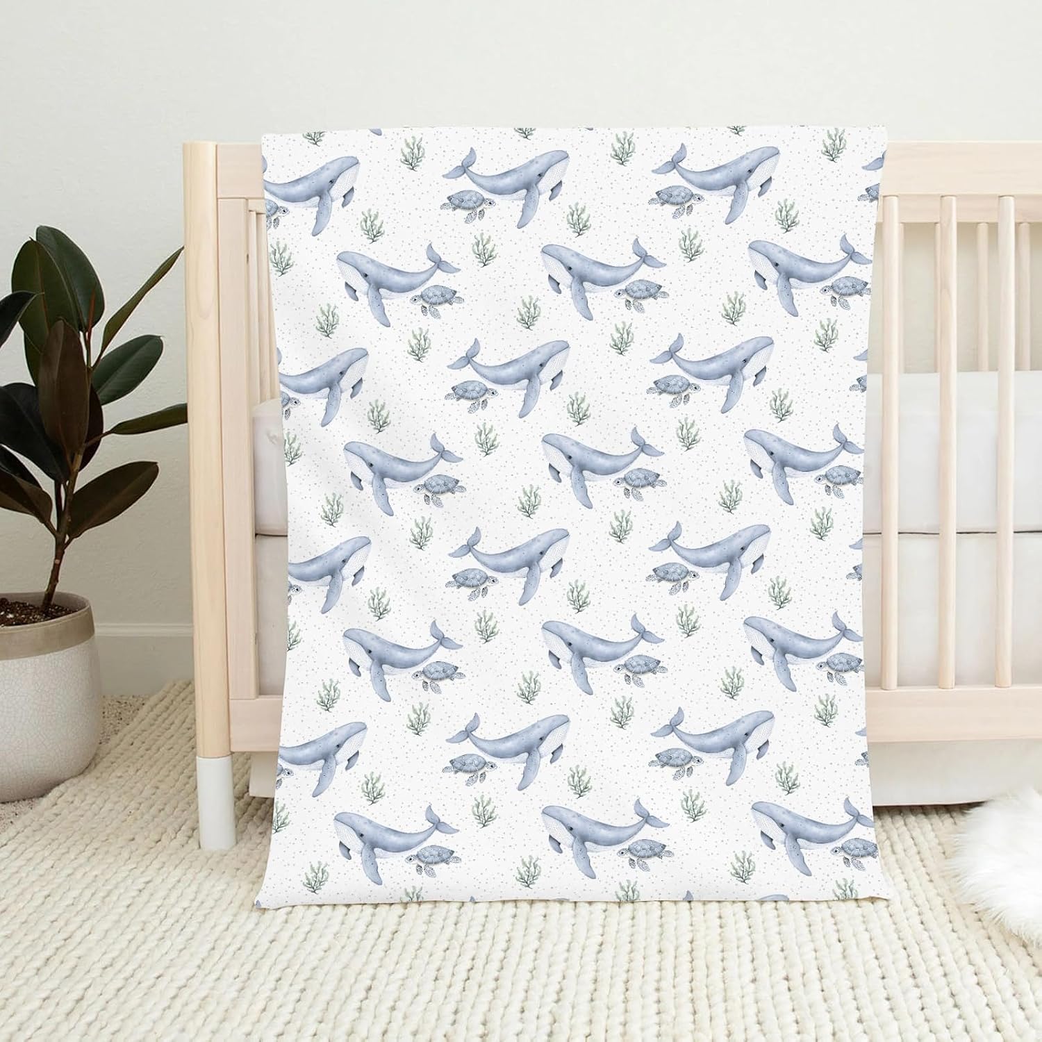 Watercolor Blue Whale Sea Turtles Baby Blankets for Boy Girl Cute Coral Seaweed Swaddle Blanket Ocean Animal Flannel Receiving Breathable Infant Toddler Newborn Sea 50x60inch
