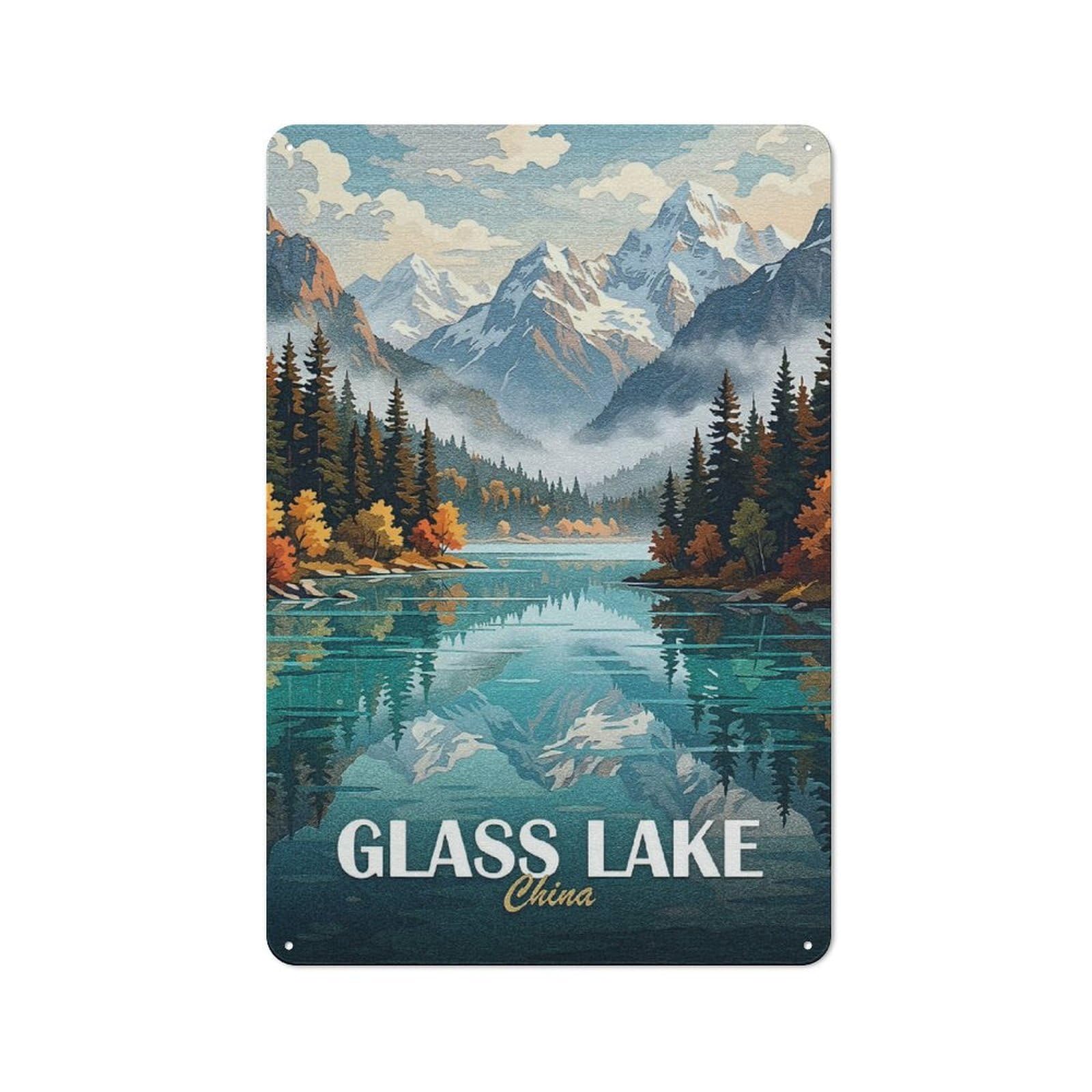 Junmoney Style Glass Lake China Landscape Classic Metal Wall Decor 30X20cm, Office Metal Sign For Workspace, Cafe, Shop Or Desk Area