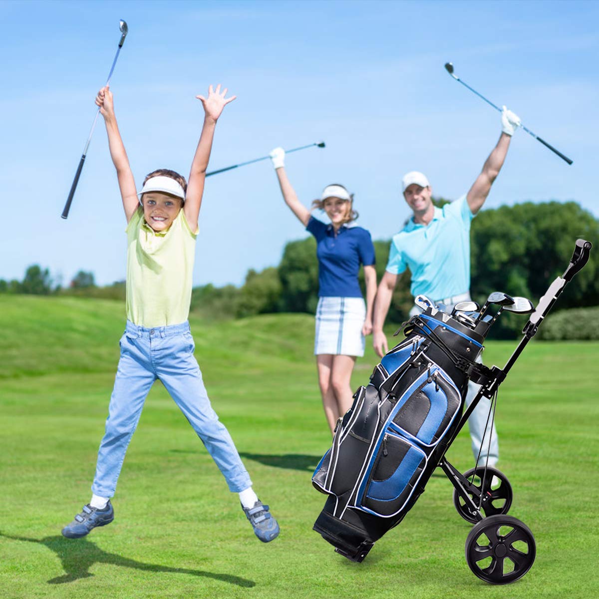GYMAX Chariot de Golf à 2 Roues, Voiturette Golf Pliable avec Tableau de Score, Chariot de Golf Manuel avec Cadre en Acier Stable et Robuste, 97,5 x 68 x 111 cm