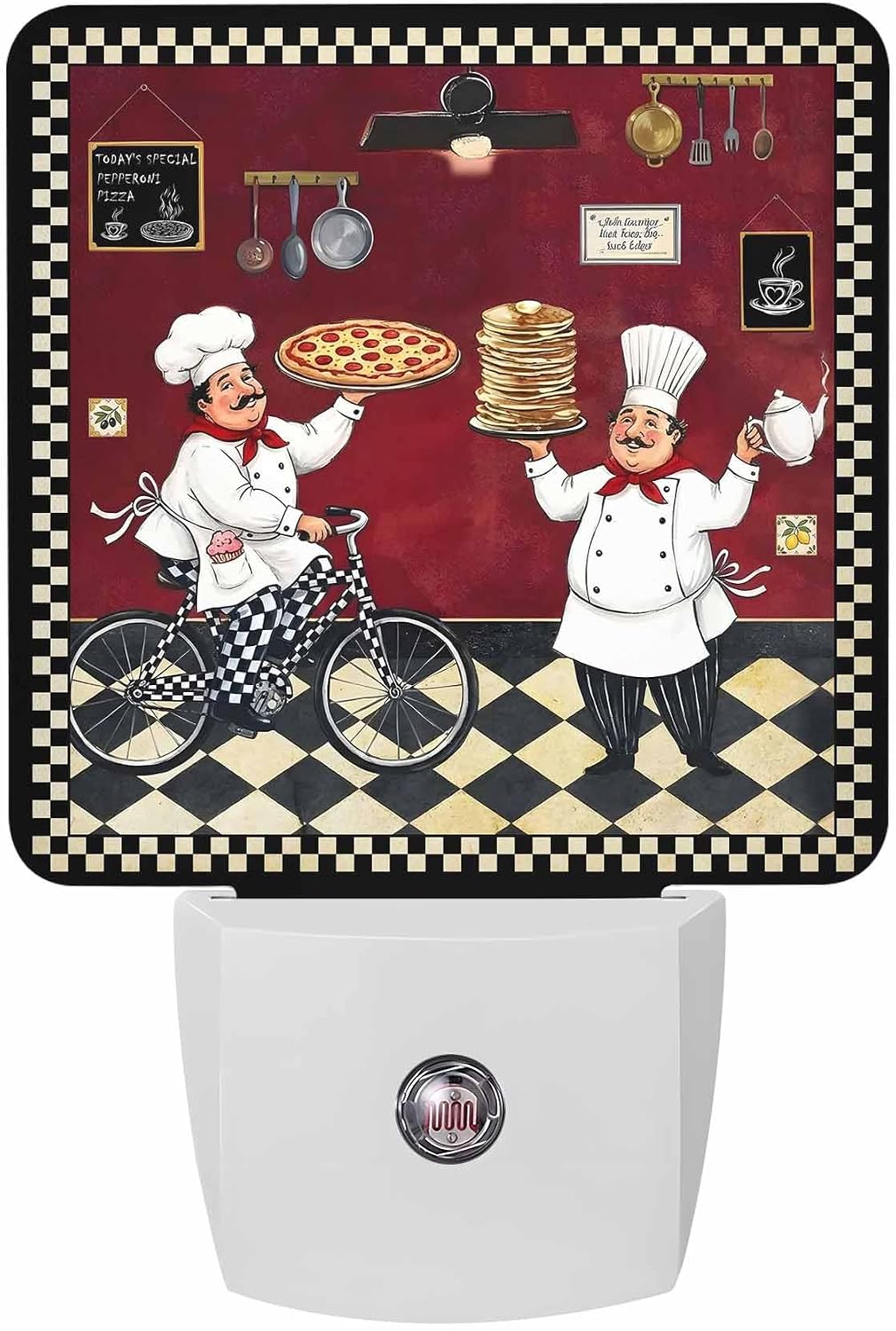 Night Lights Auto Sensor Funny Chef Plug-in LED Nightlights Dusk to Dawn for Living Room, Bedroom, Bathroom, Kitchen, Hallway, Stairways Wall Decor, Cozy Kitchen Pizza Buffalo Plaid Night Light