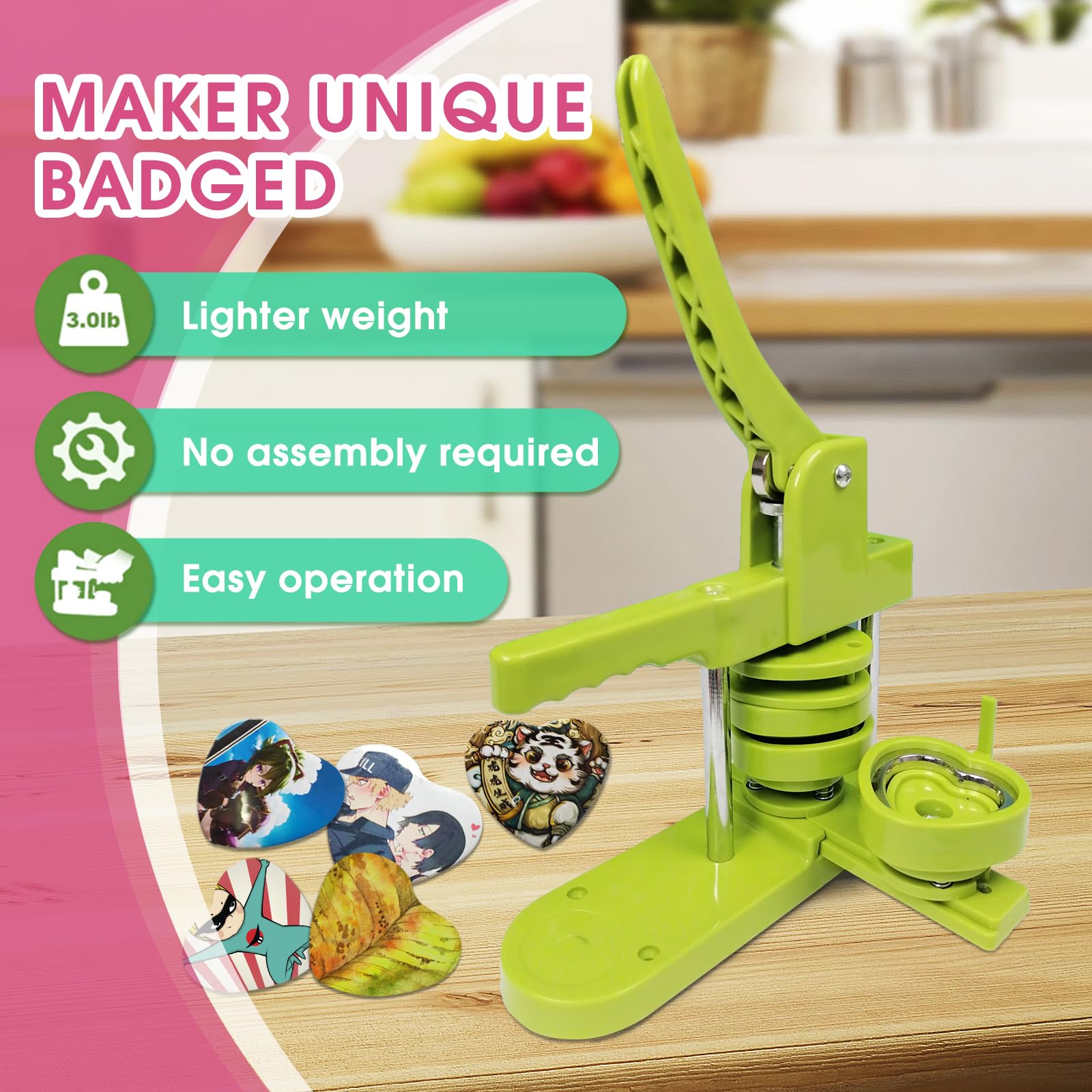 Machine à boutons en forme de cœur pour la fabrication d'insignes en forme de cœur avec 100 pièces de boutons, 1 pochoir et 2 outils de tournevis pour le dessin artistique à la main (vert)